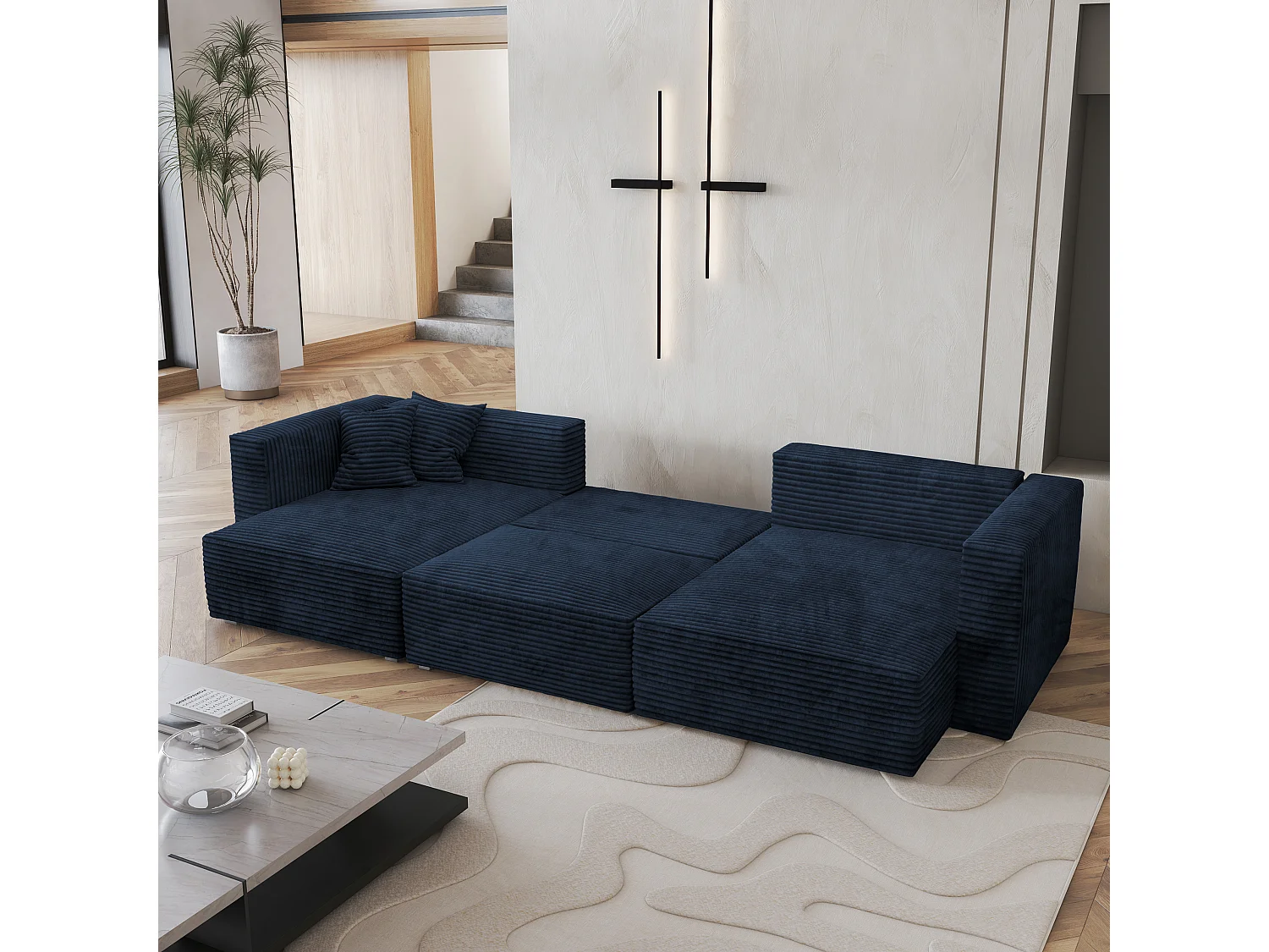 Canapé d'angle SARMO Bleu en velours côtelé avec fonction de couchage