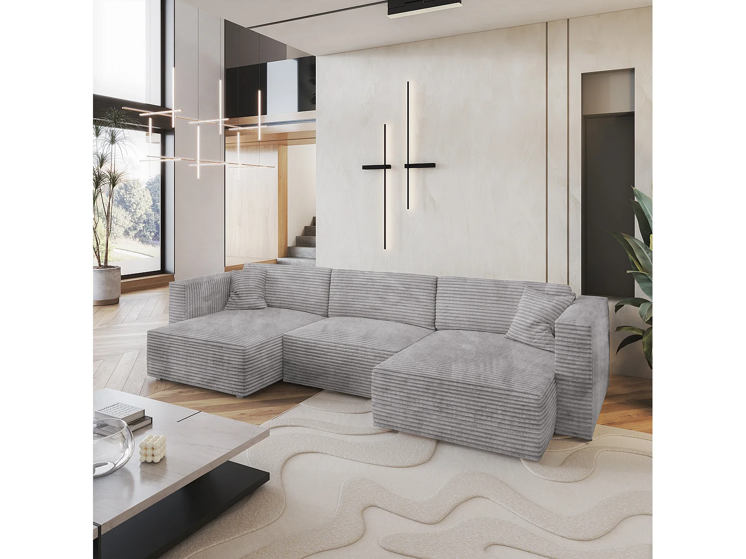 Canapé d'angle SARMO Gris clair en velours côtelé avec fonction de couchage