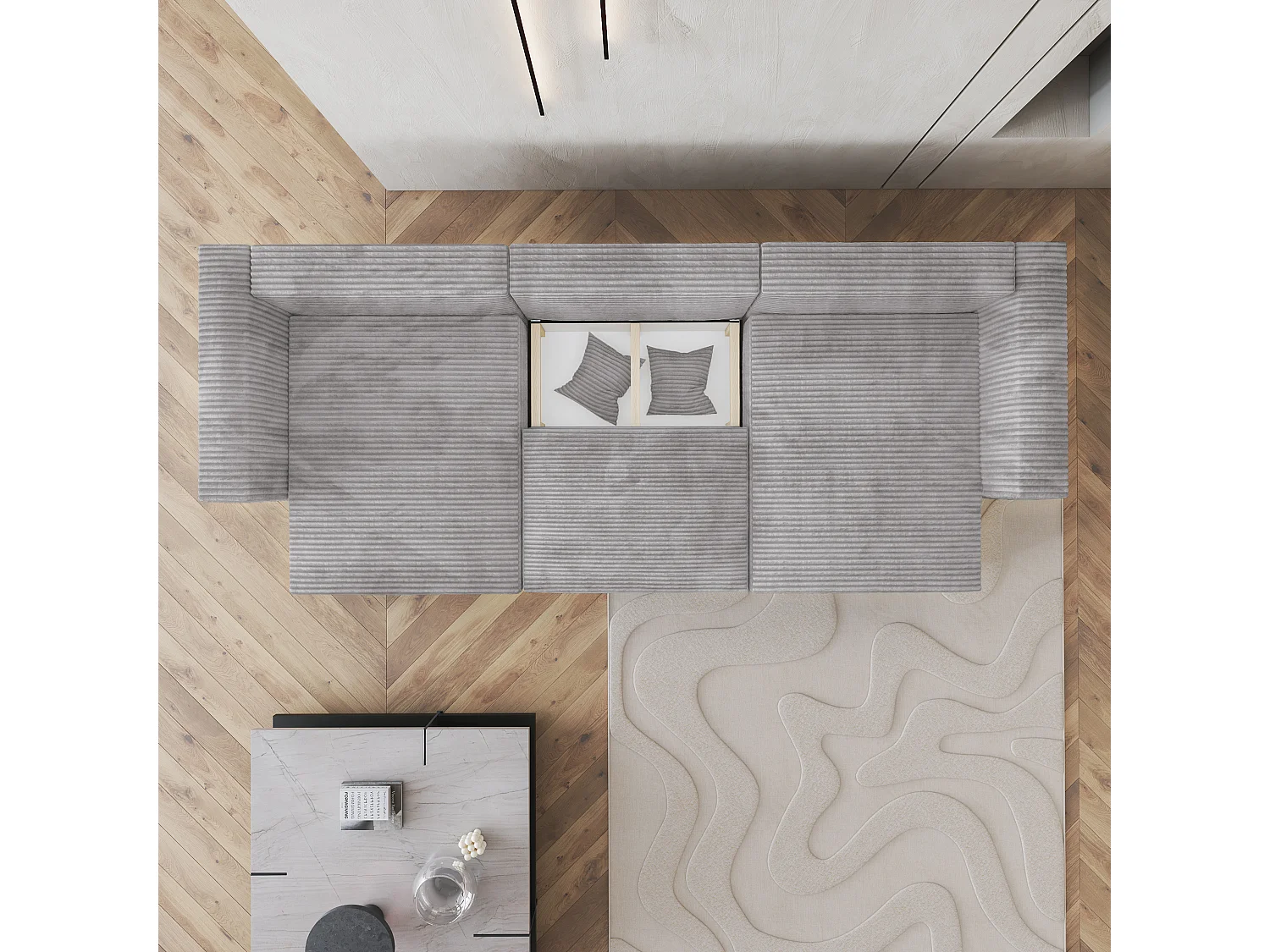 Canapé d'angle SARMO Gris clair en velours côtelé avec fonction de couchage