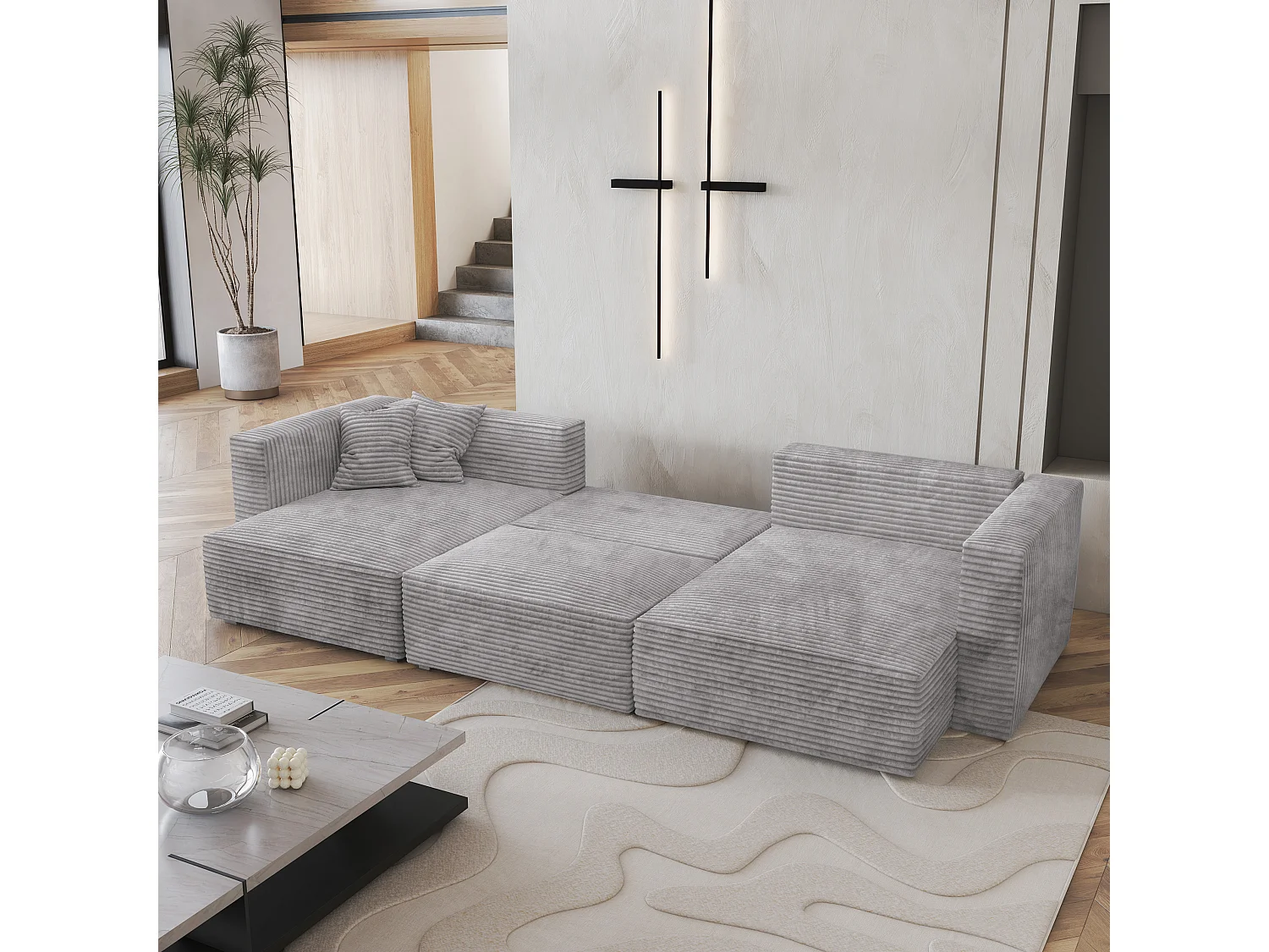 Canapé d'angle SARMO Gris clair en velours côtelé avec fonction de couchage