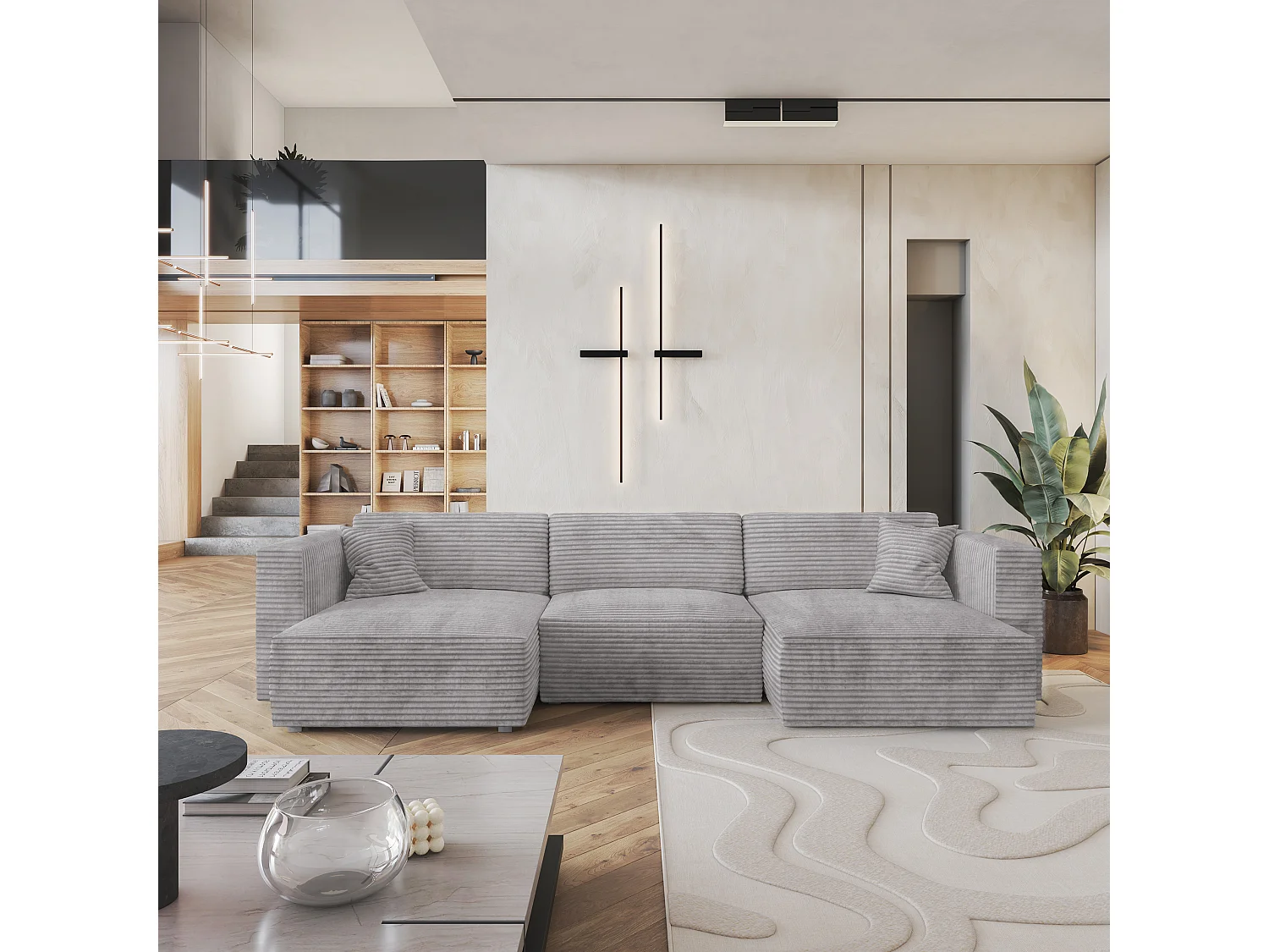 Canapé d'angle SARMO Gris clair en velours côtelé avec fonction de couchage