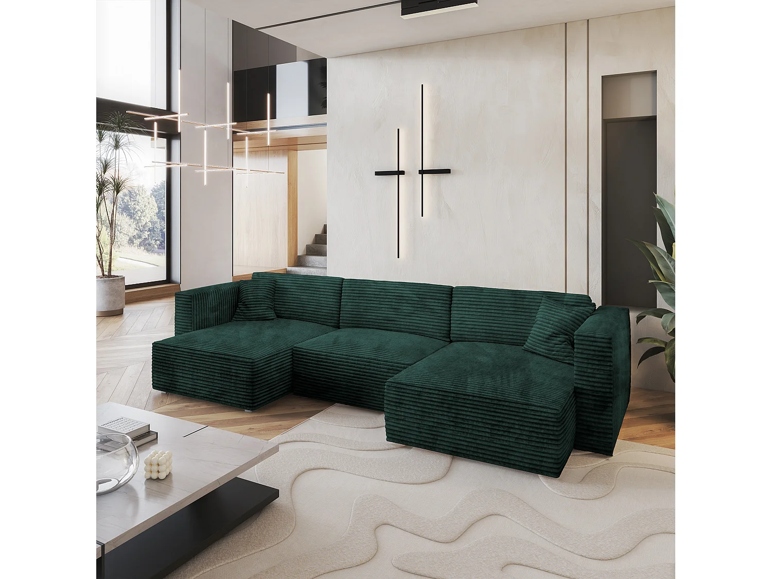 Canapé d'angle SARMO Vert Sapin en velours côtelé avec fonction de couchage