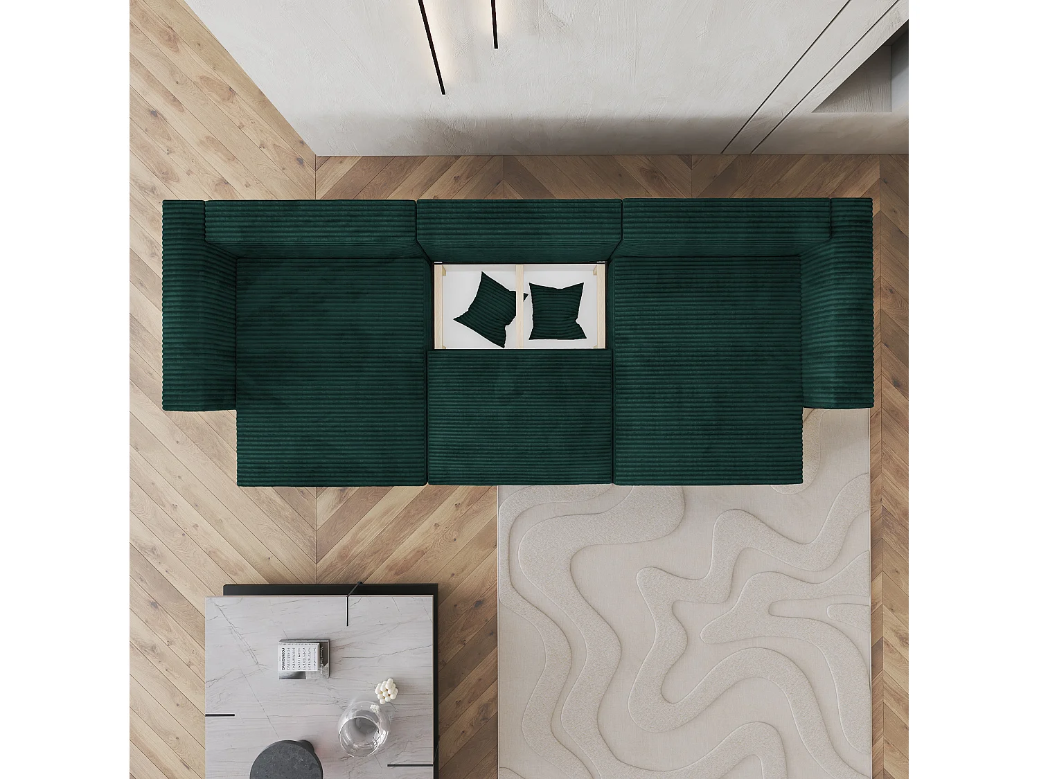 Canapé d'angle SARMO Vert Sapin en velours côtelé avec fonction de couchage