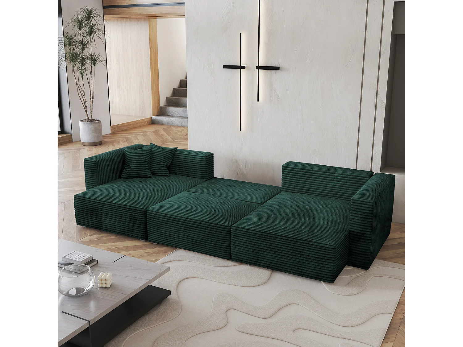 Canapé d'angle SARMO Vert Sapin en velours côtelé avec fonction de couchage