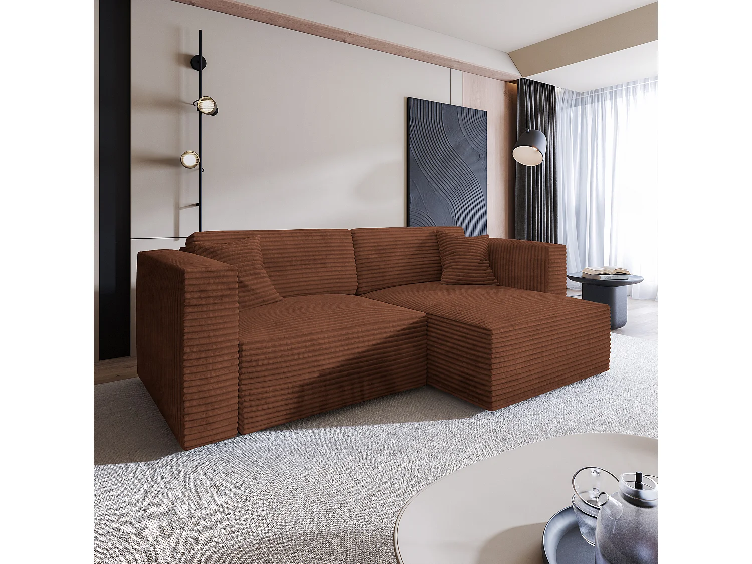 Canapé d'angle NERIO Marron en velours côtelé avec fonction de couchage