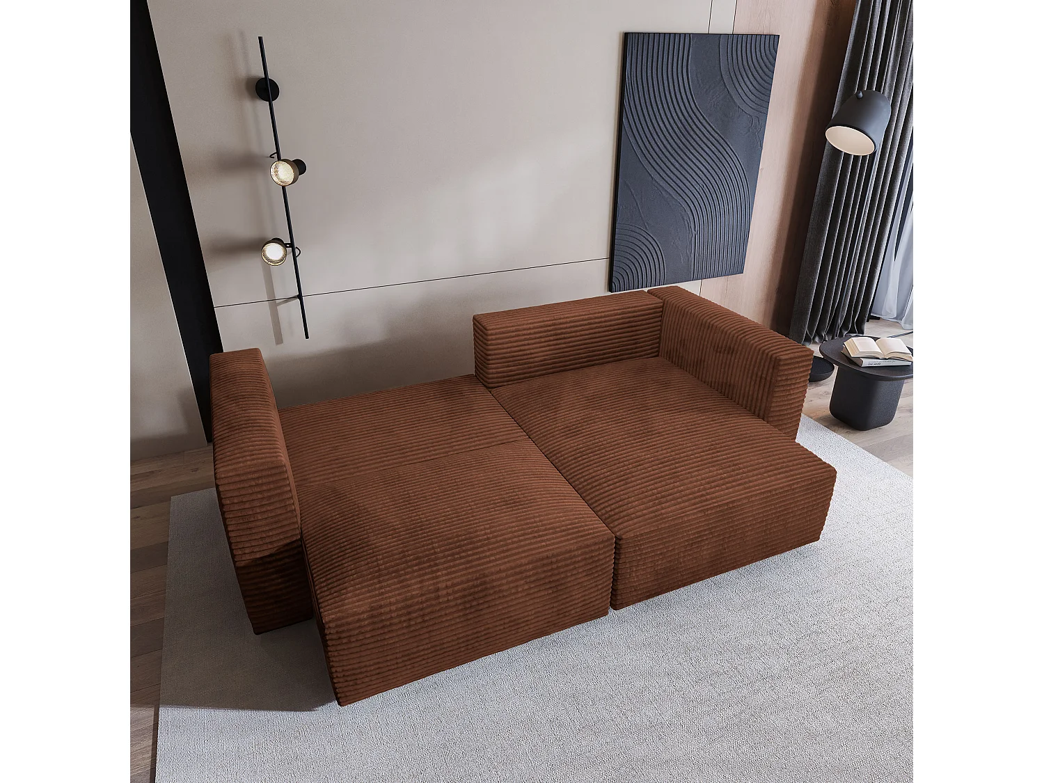 Canapé d'angle NERIO Marron en velours côtelé avec fonction de couchage