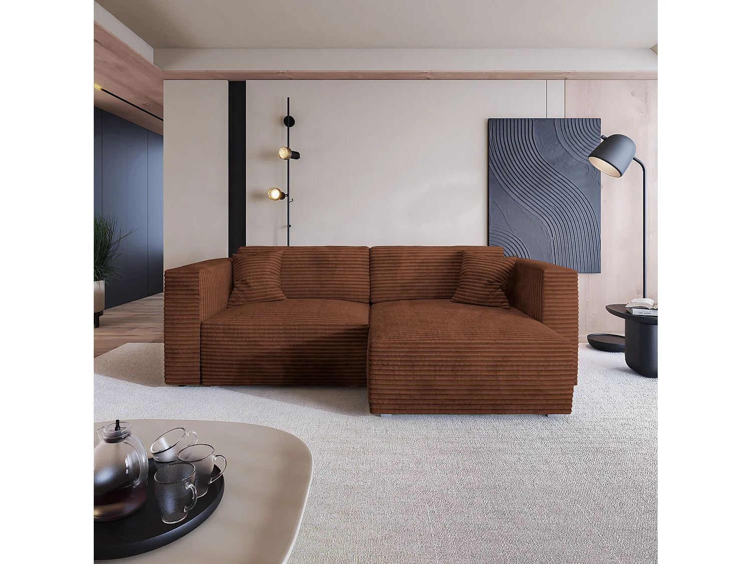 Canapé d'angle NERIO Marron en velours côtelé avec fonction de couchage