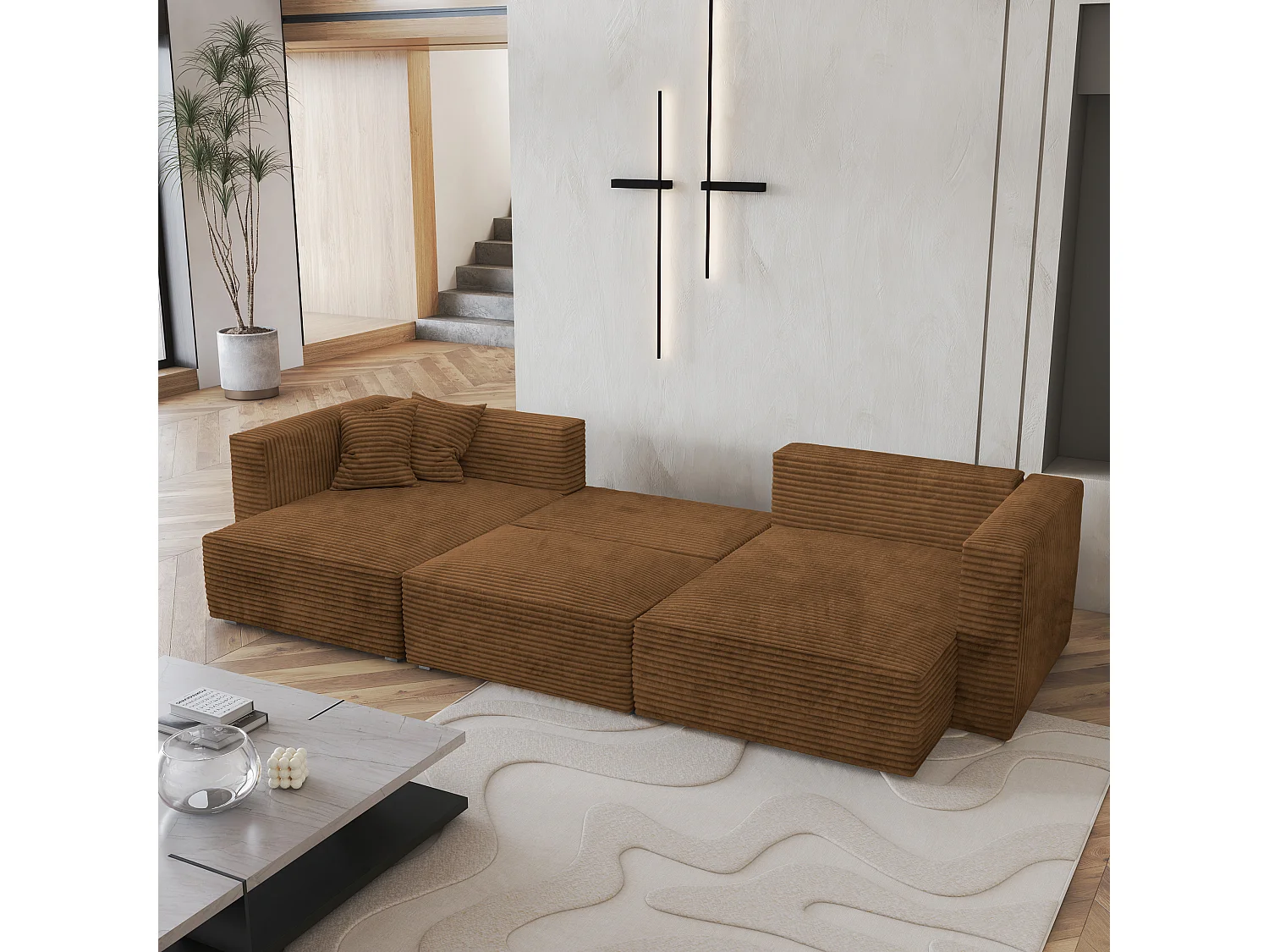 Canapé d'angle SARMO Cuivré en velours côtelé avec fonction de couchage