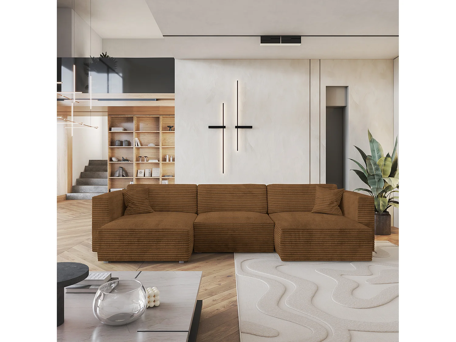 Canapé d'angle SARMO Cuivré en velours côtelé avec fonction de couchage