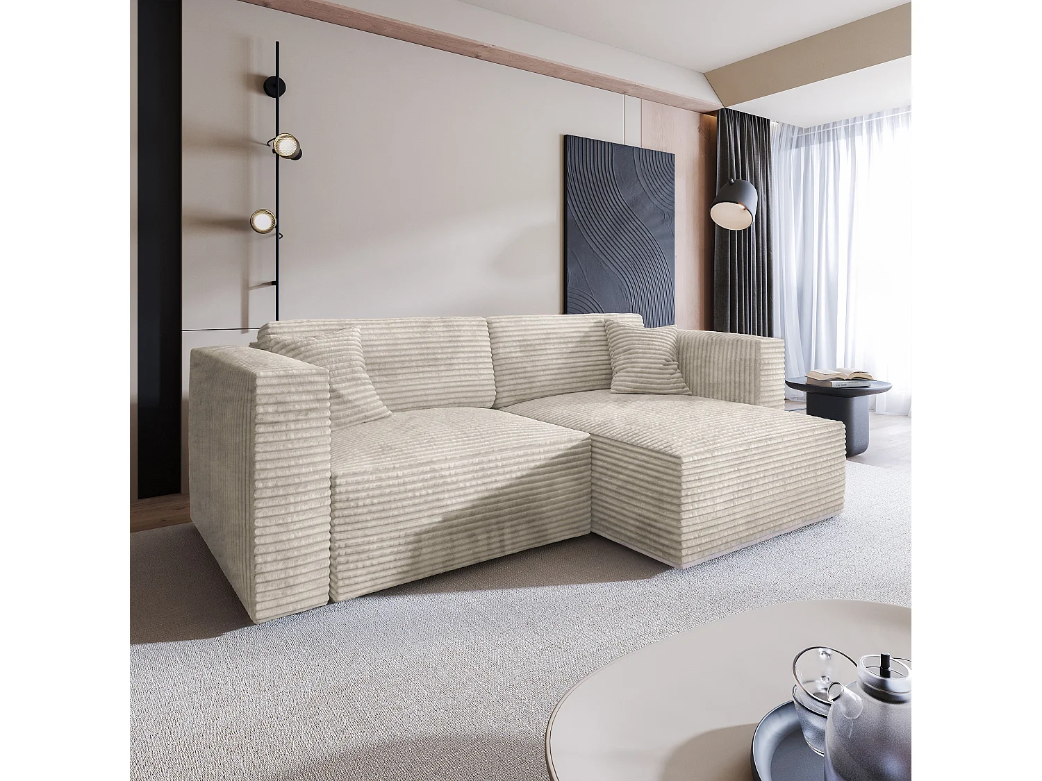 Canapé d'angle NERIO Crème en velours côtelé avec fonction de couchage