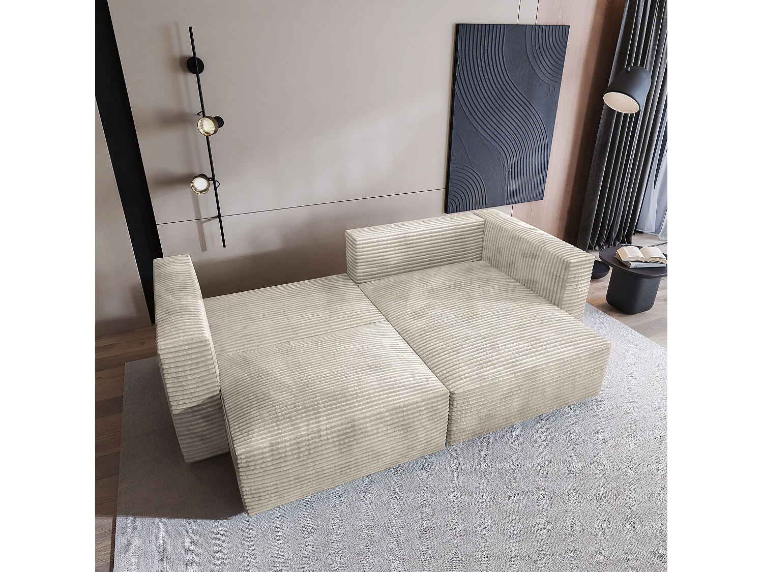 Canapé d'angle NERIO Crème en velours côtelé avec fonction de couchage