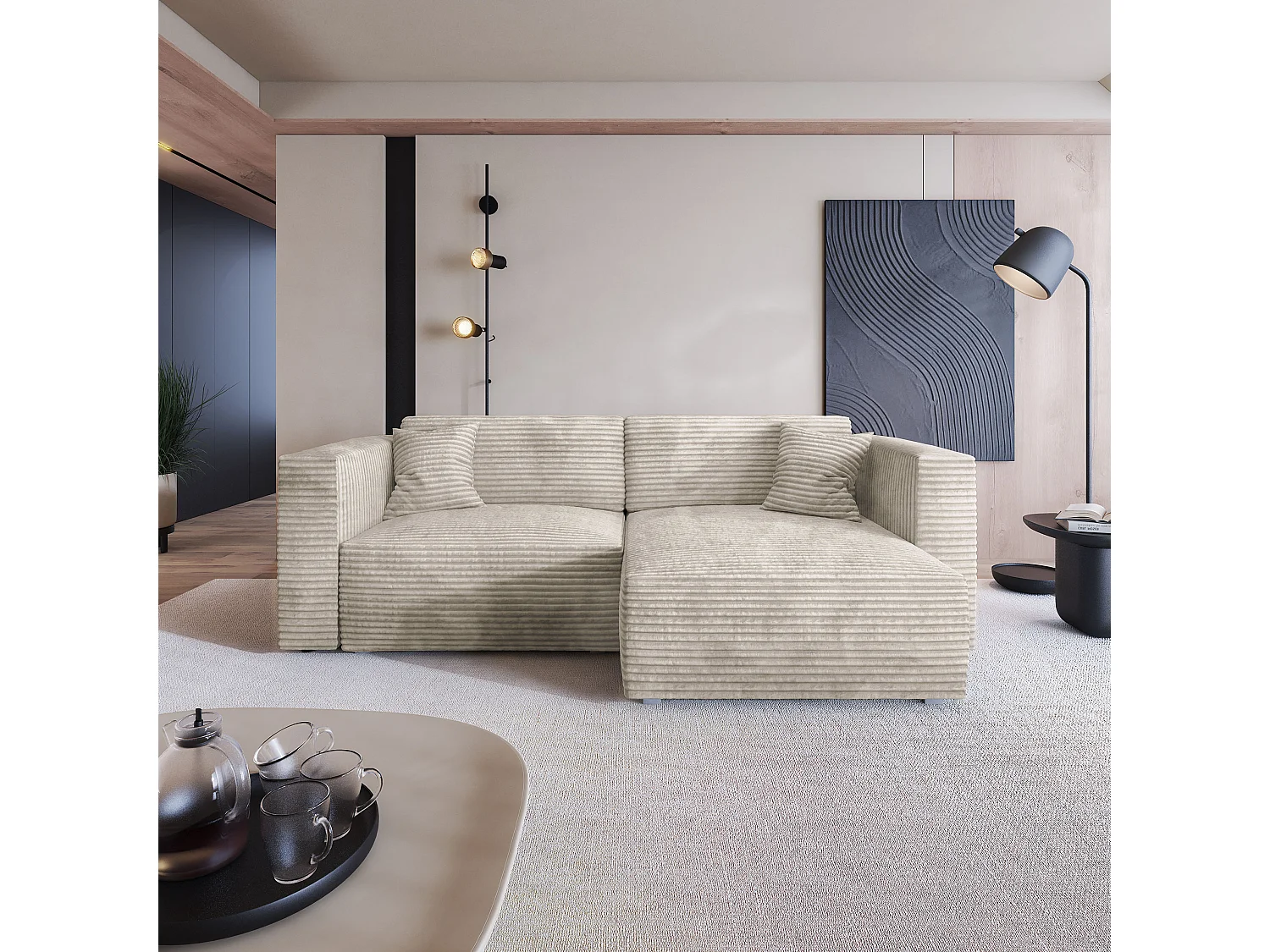 Canapé d'angle NERIO Crème en velours côtelé avec fonction de couchage