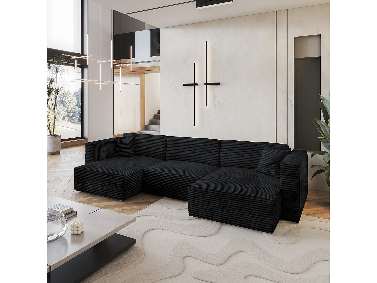 Canapé d'angle SARMO Noir en velours côtelé avec fonction de couchage