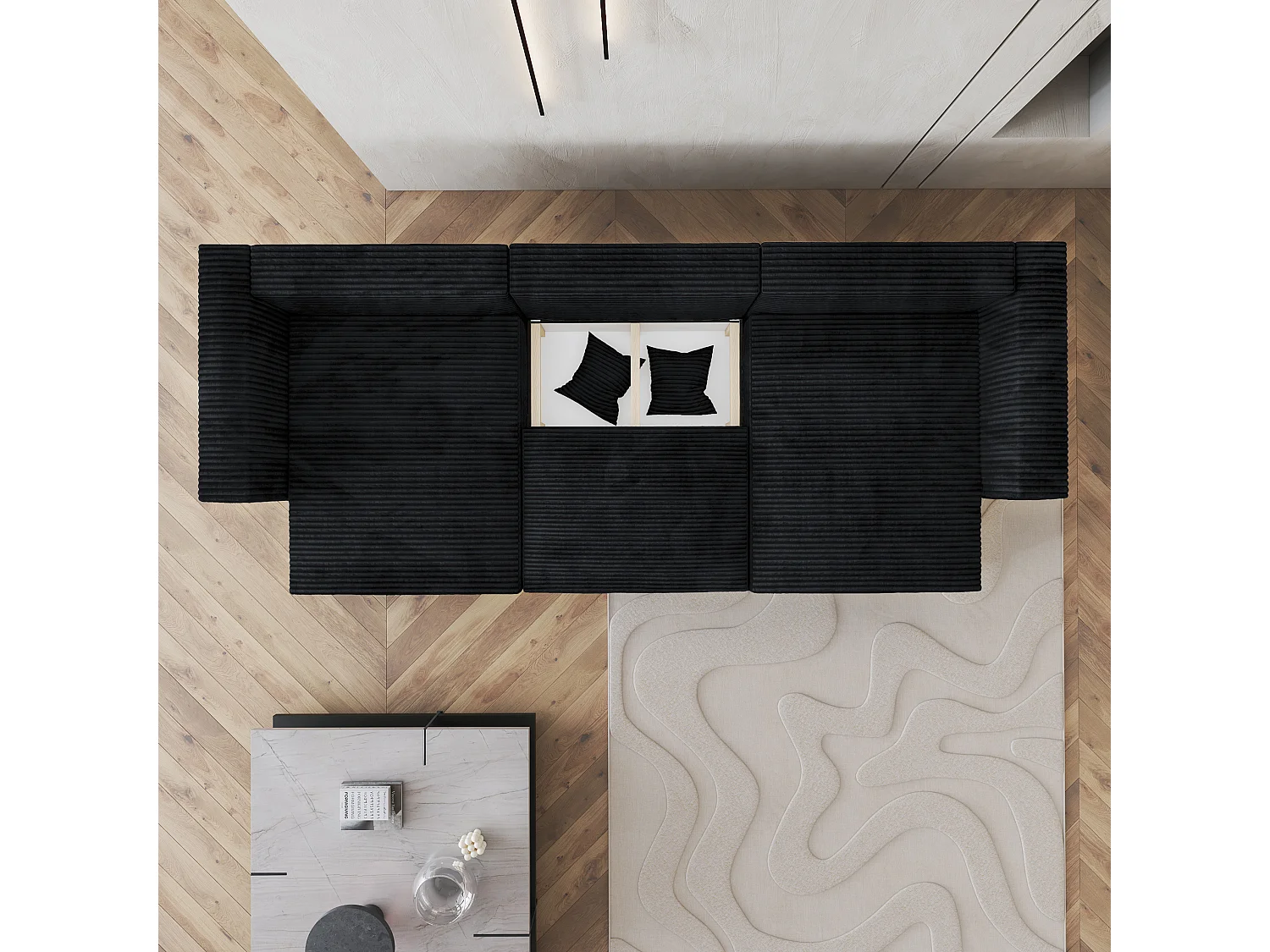 Canapé d'angle SARMO Noir en velours côtelé avec fonction de couchage