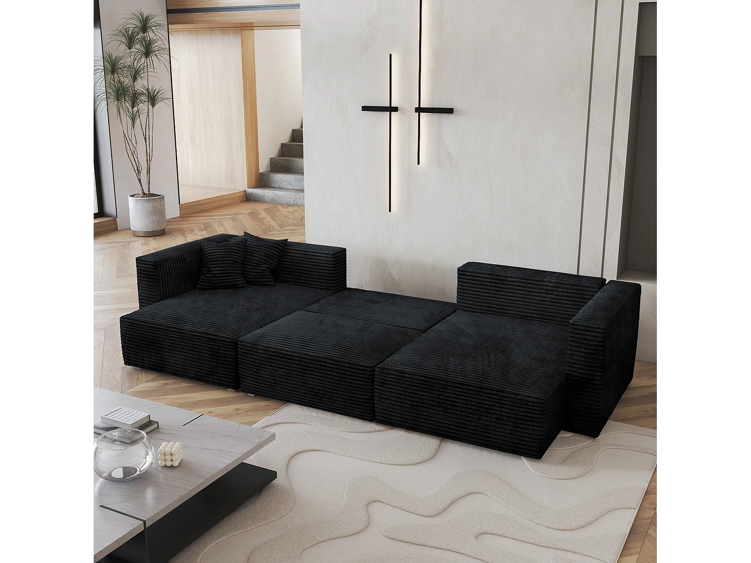Canapé d'angle SARMO Noir en velours côtelé avec fonction de couchage