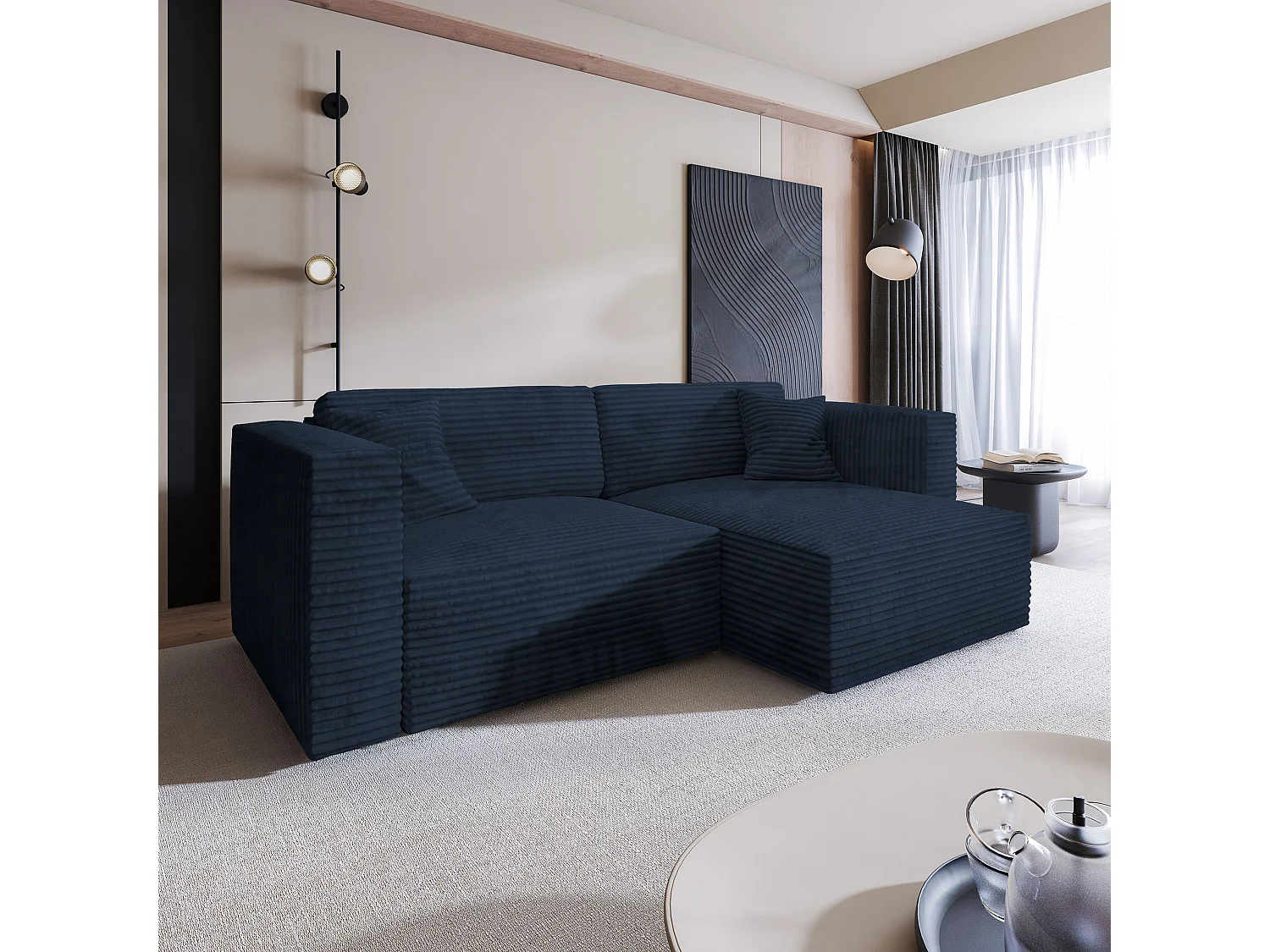 Canapé d'angle NERIO Bleu en velours côtelé avec fonction de couchage