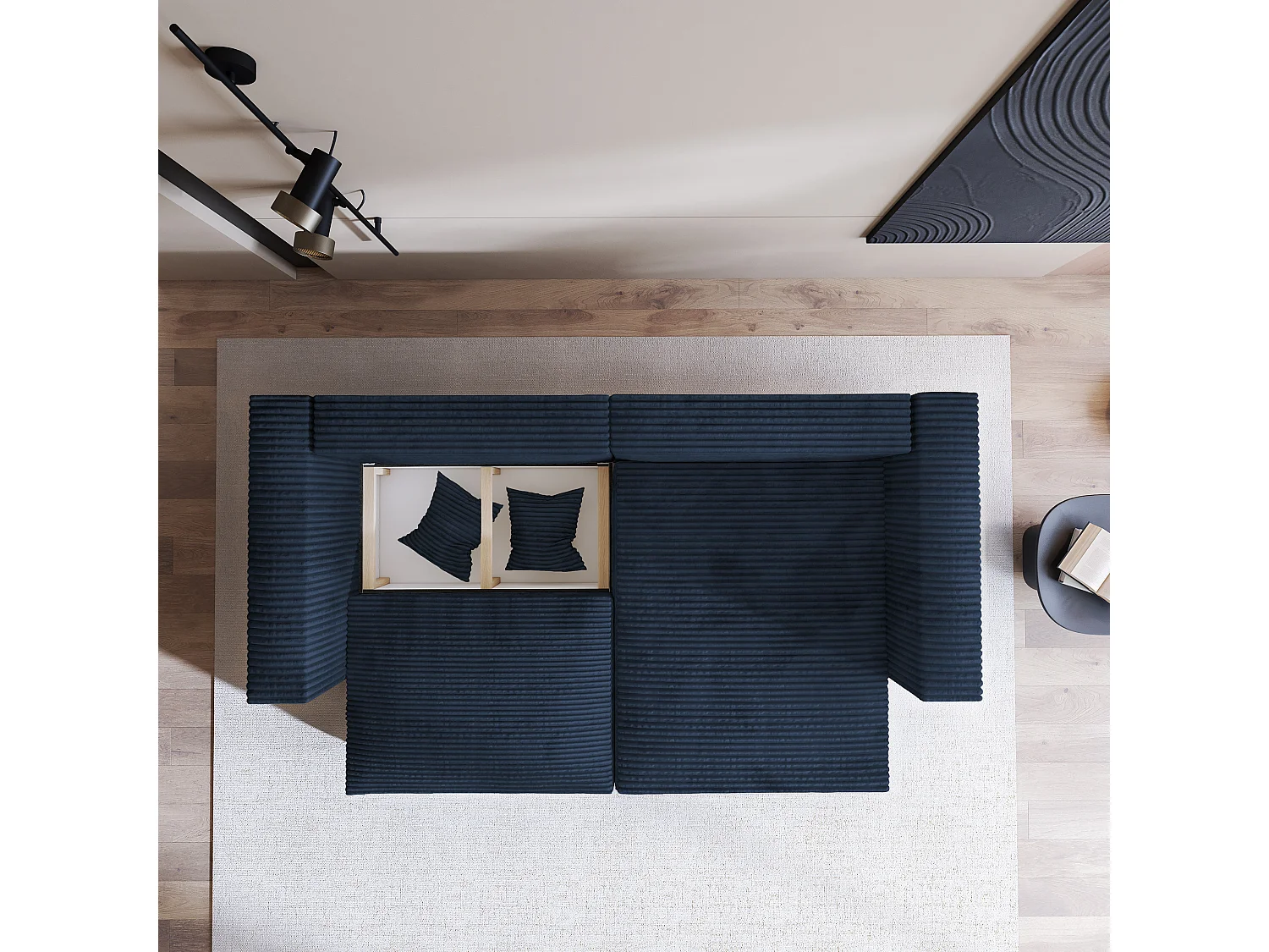 Canapé d'angle NERIO Bleu en velours côtelé avec fonction de couchage