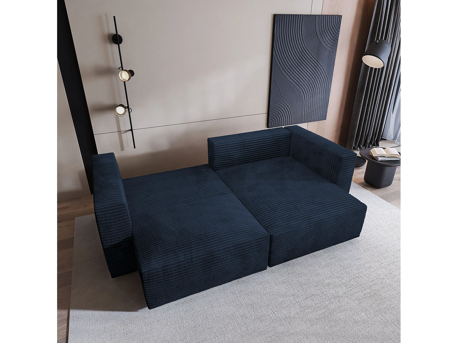 Canapé d'angle NERIO Bleu en velours côtelé avec fonction de couchage