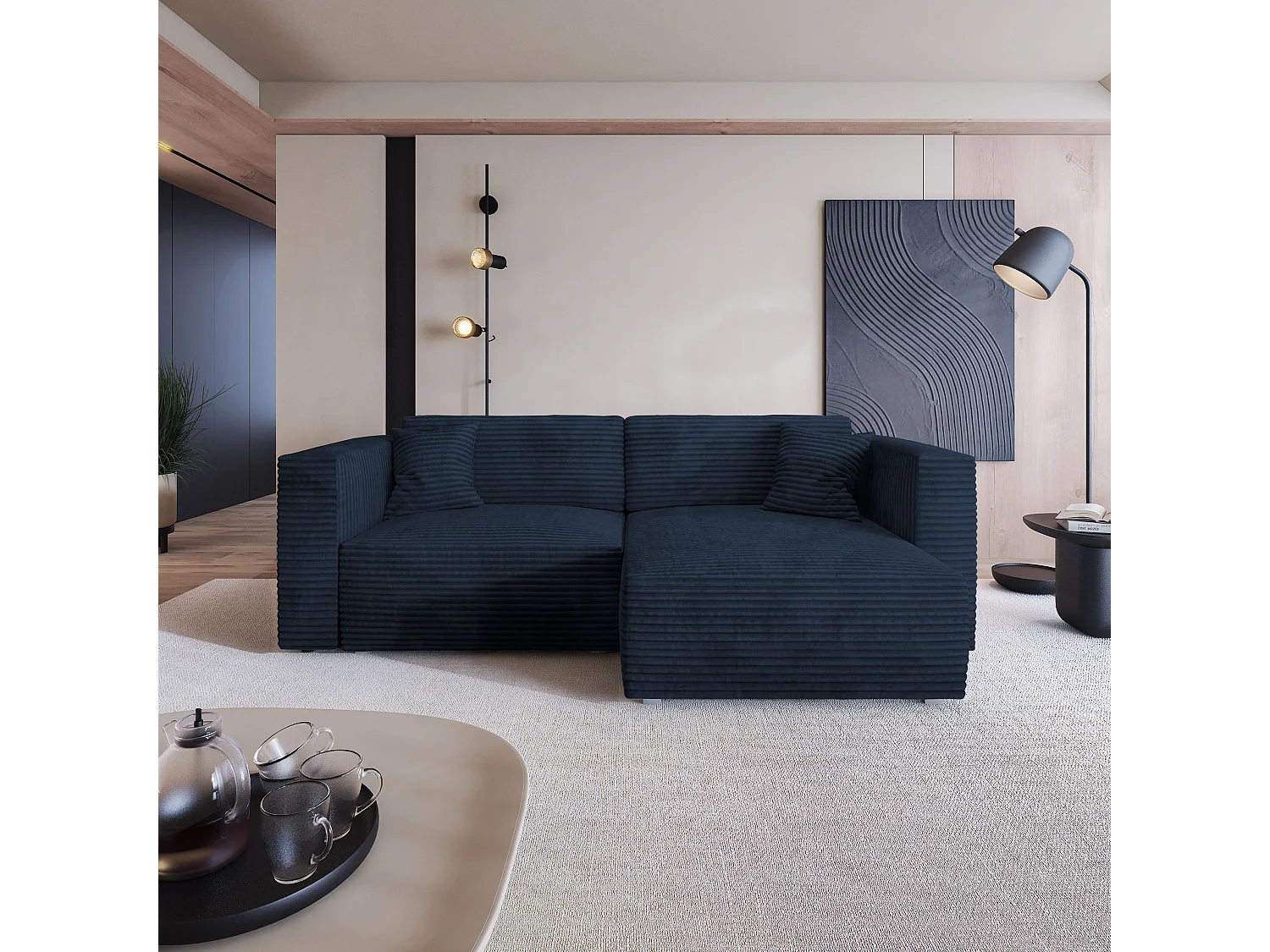 Canapé d'angle NERIO Bleu en velours côtelé avec fonction de couchage