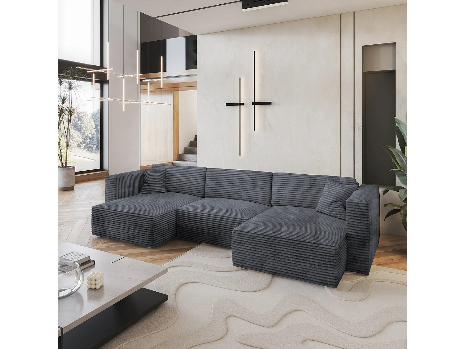Canapé d'angle SARMO Gris en velours côtelé avec fonction de couchage