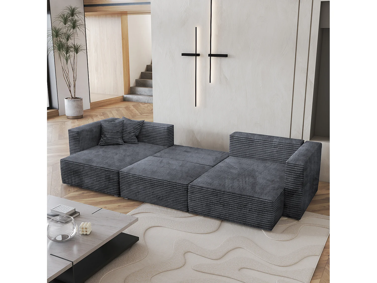 Canapé d'angle SARMO Gris en velours côtelé avec fonction de couchage