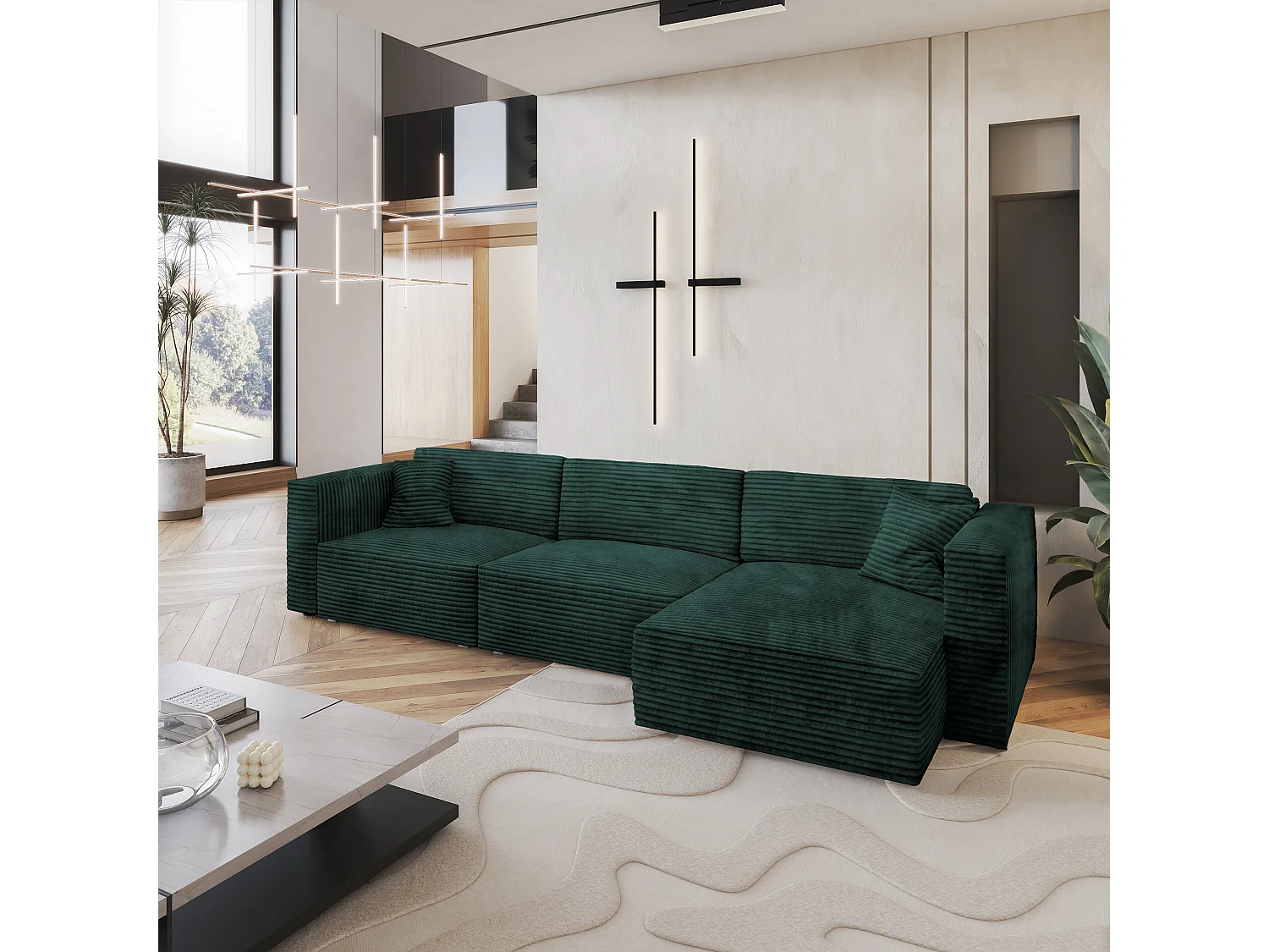 Canapé d'angle TOLMO Vert Sapin en velours côtelé avec fonction de couchage