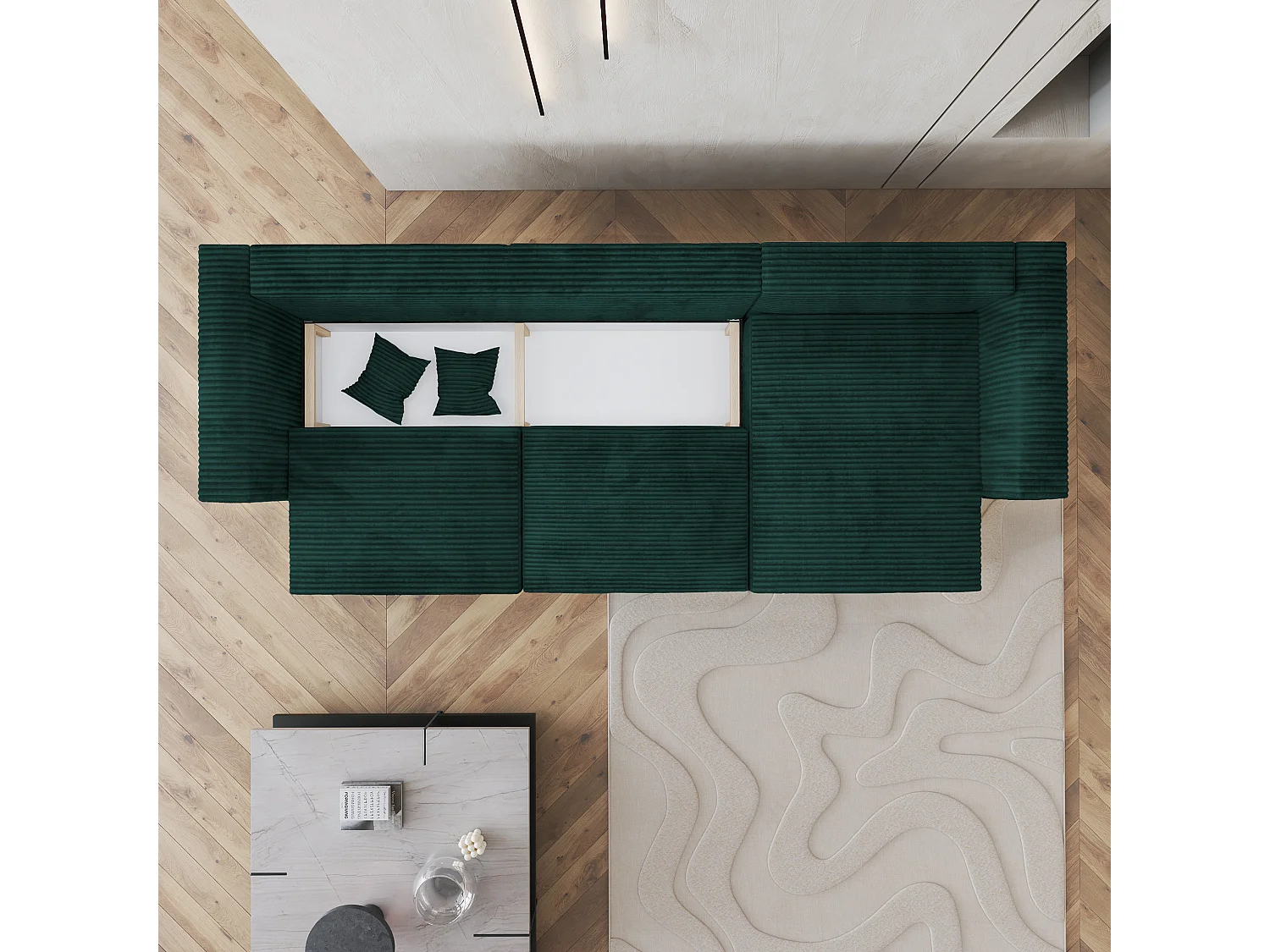 Canapé d'angle TOLMO Vert Sapin en velours côtelé avec fonction de couchage