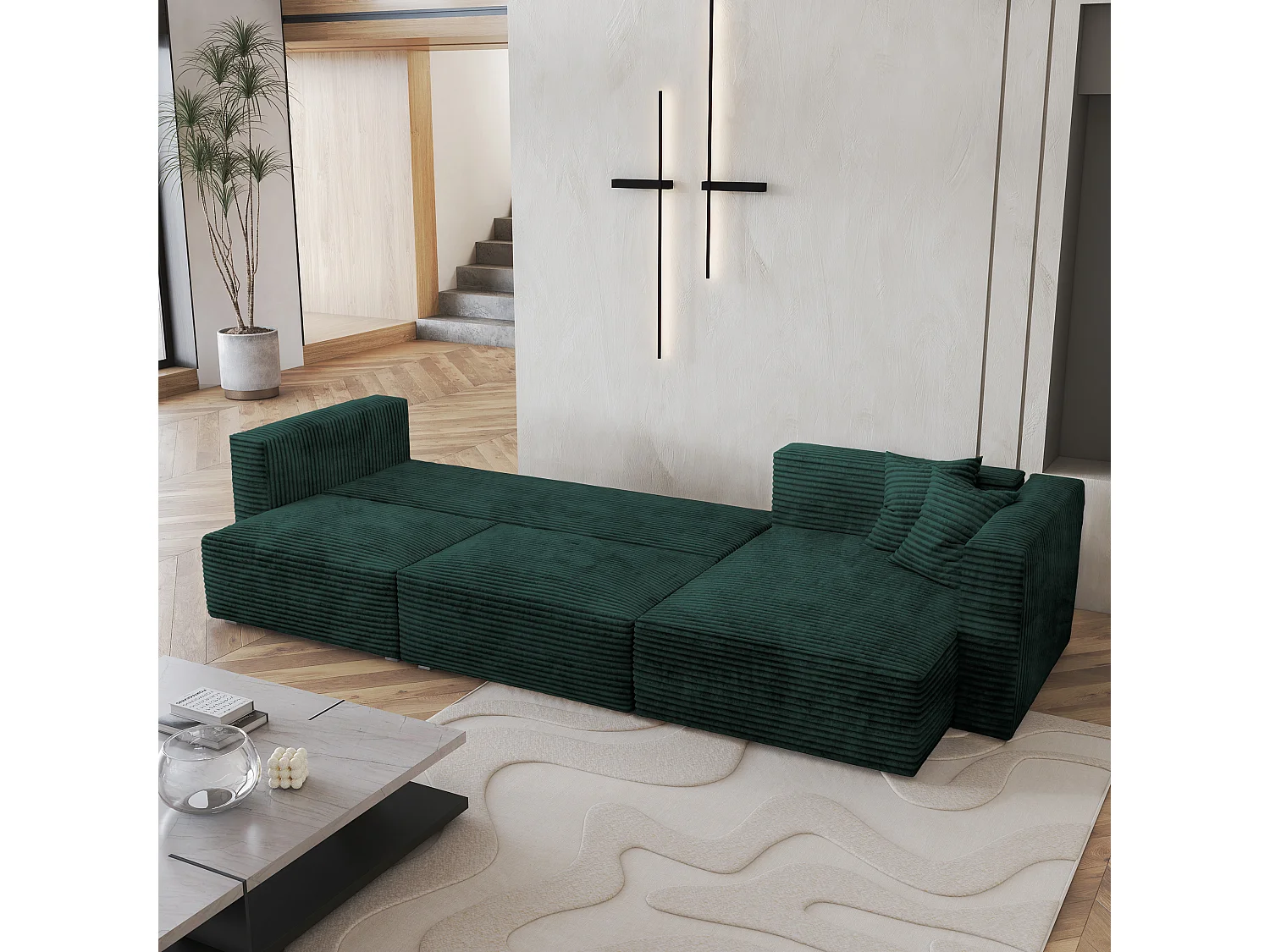 Canapé d'angle TOLMO Vert Sapin en velours côtelé avec fonction de couchage