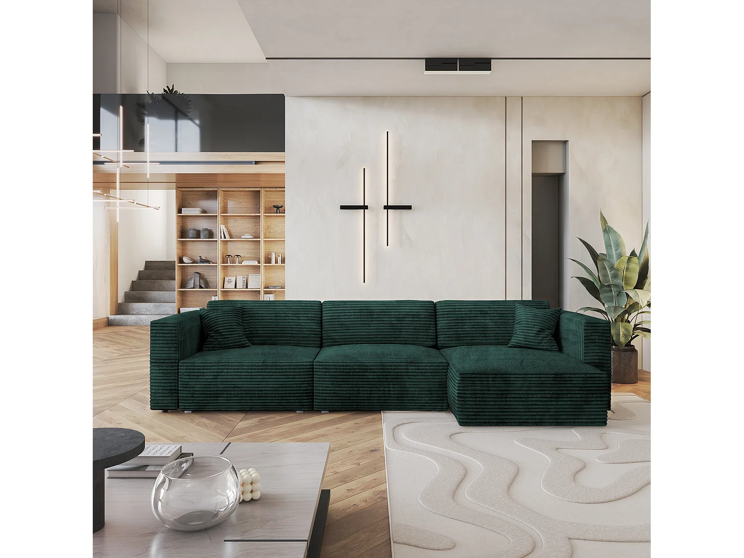 Canapé d'angle TOLMO Vert Sapin en velours côtelé avec fonction de couchage