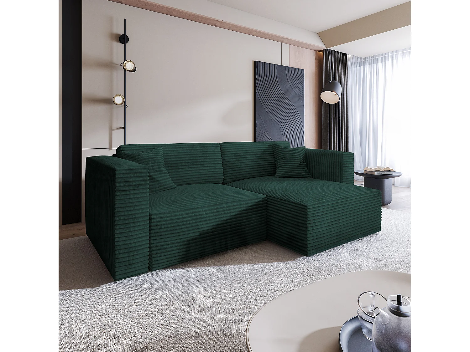 Canapé d'angle NERIO Vert Sapin en velours côtelé avec fonction de couchage