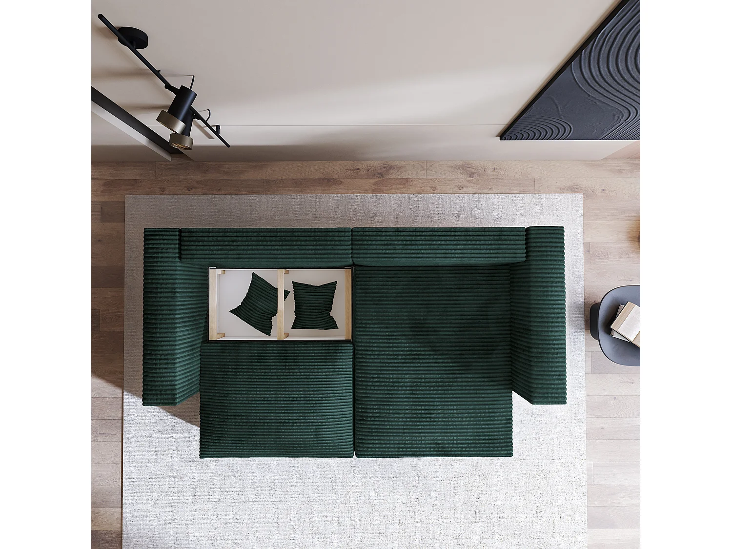 Canapé d'angle NERIO Vert Sapin en velours côtelé avec fonction de couchage