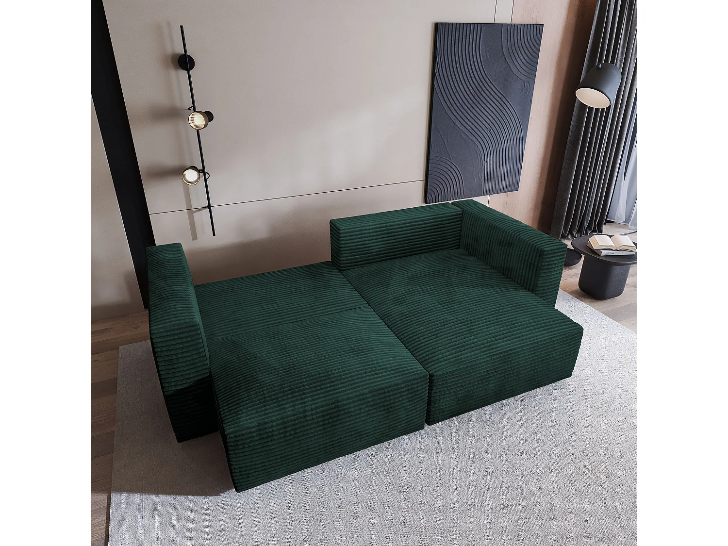 Canapé d'angle NERIO Vert Sapin en velours côtelé avec fonction de couchage