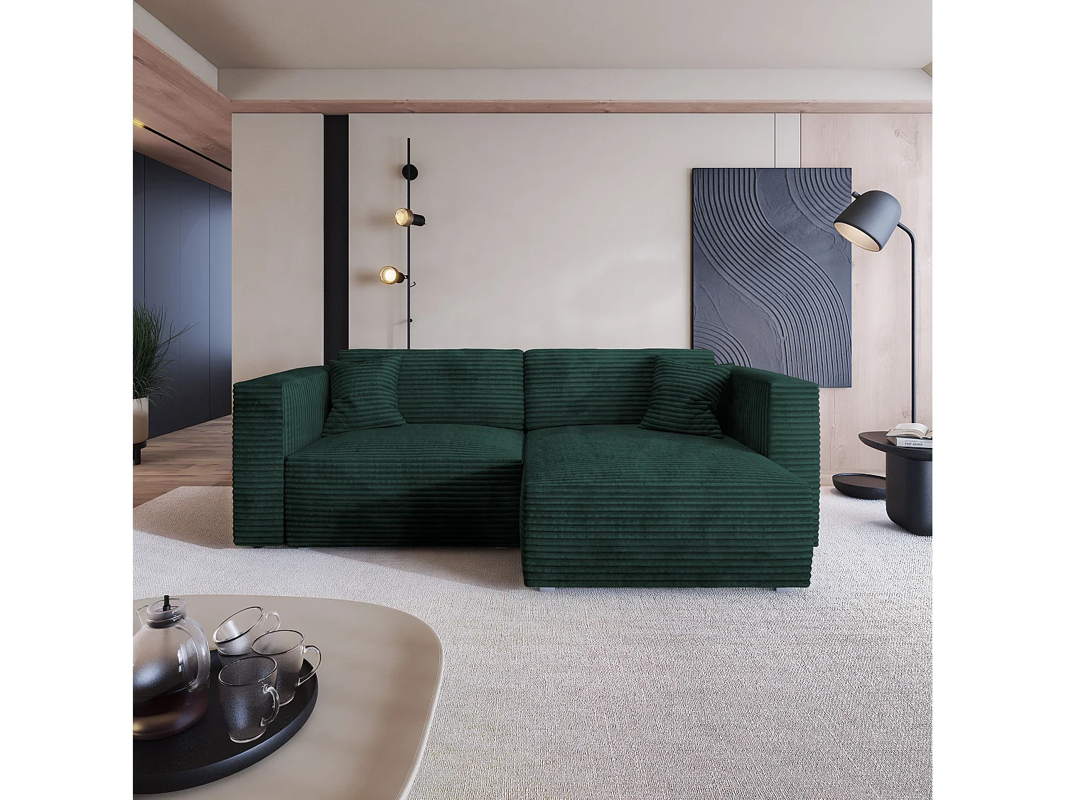 Canapé d'angle NERIO Vert Sapin en velours côtelé avec fonction de couchage