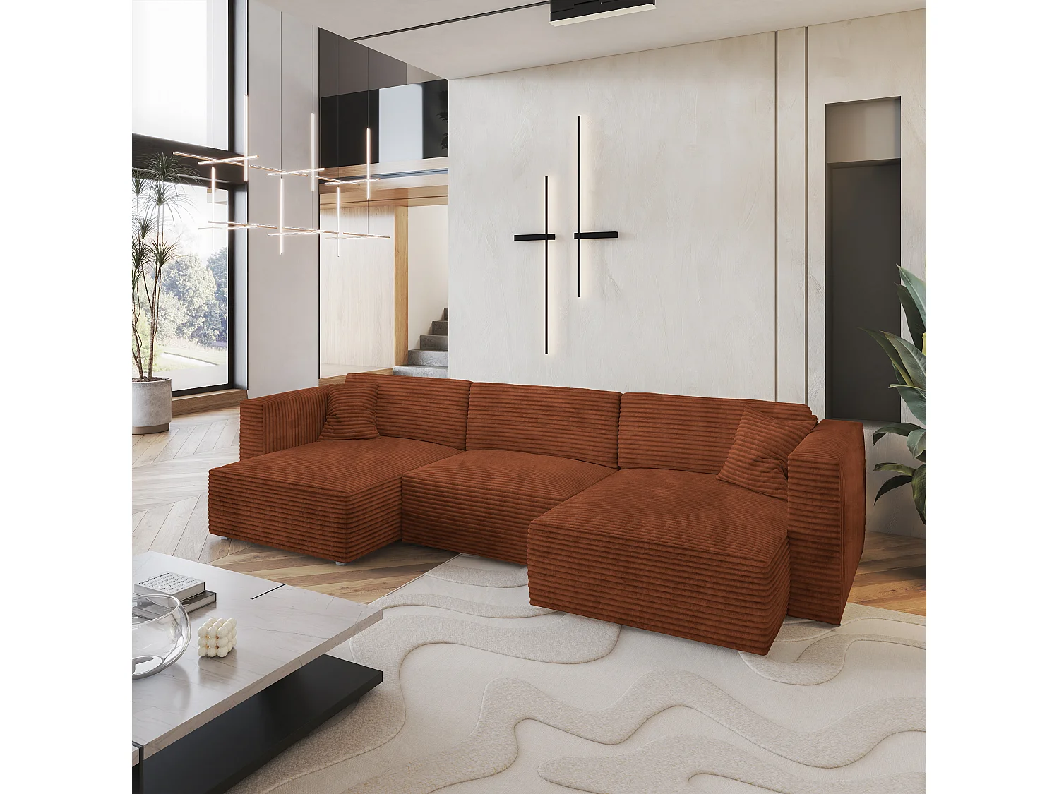Canapé d'angle SARMO Marron en velours côtelé avec fonction de couchage