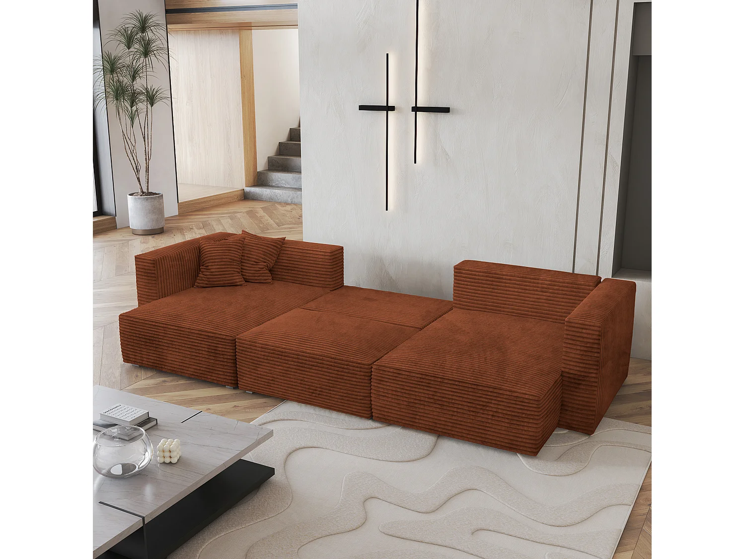 Canapé d'angle SARMO Marron en velours côtelé avec fonction de couchage