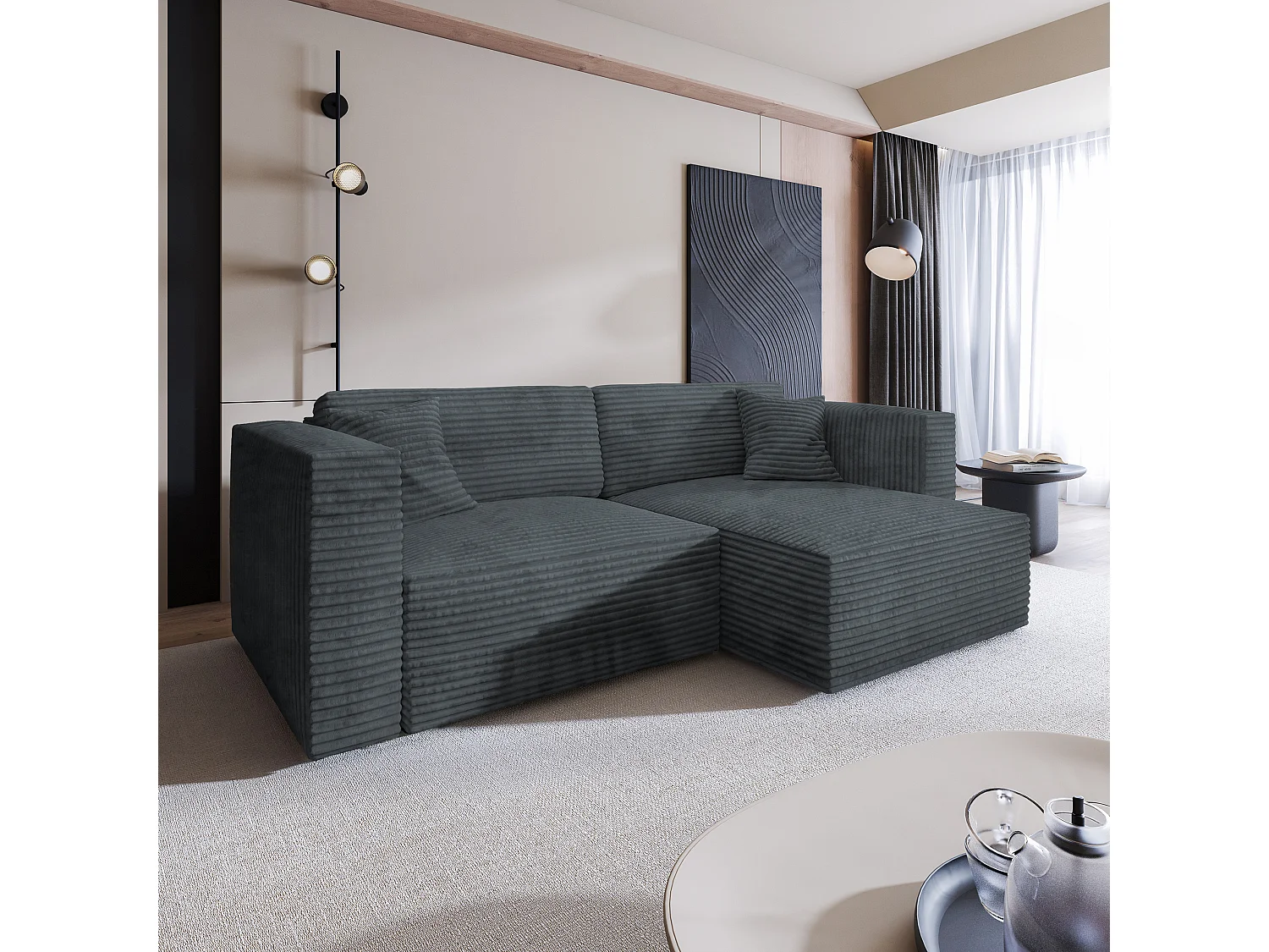 Canapé d'angle NERIO Gris en velours côtelé avec fonction de couchage