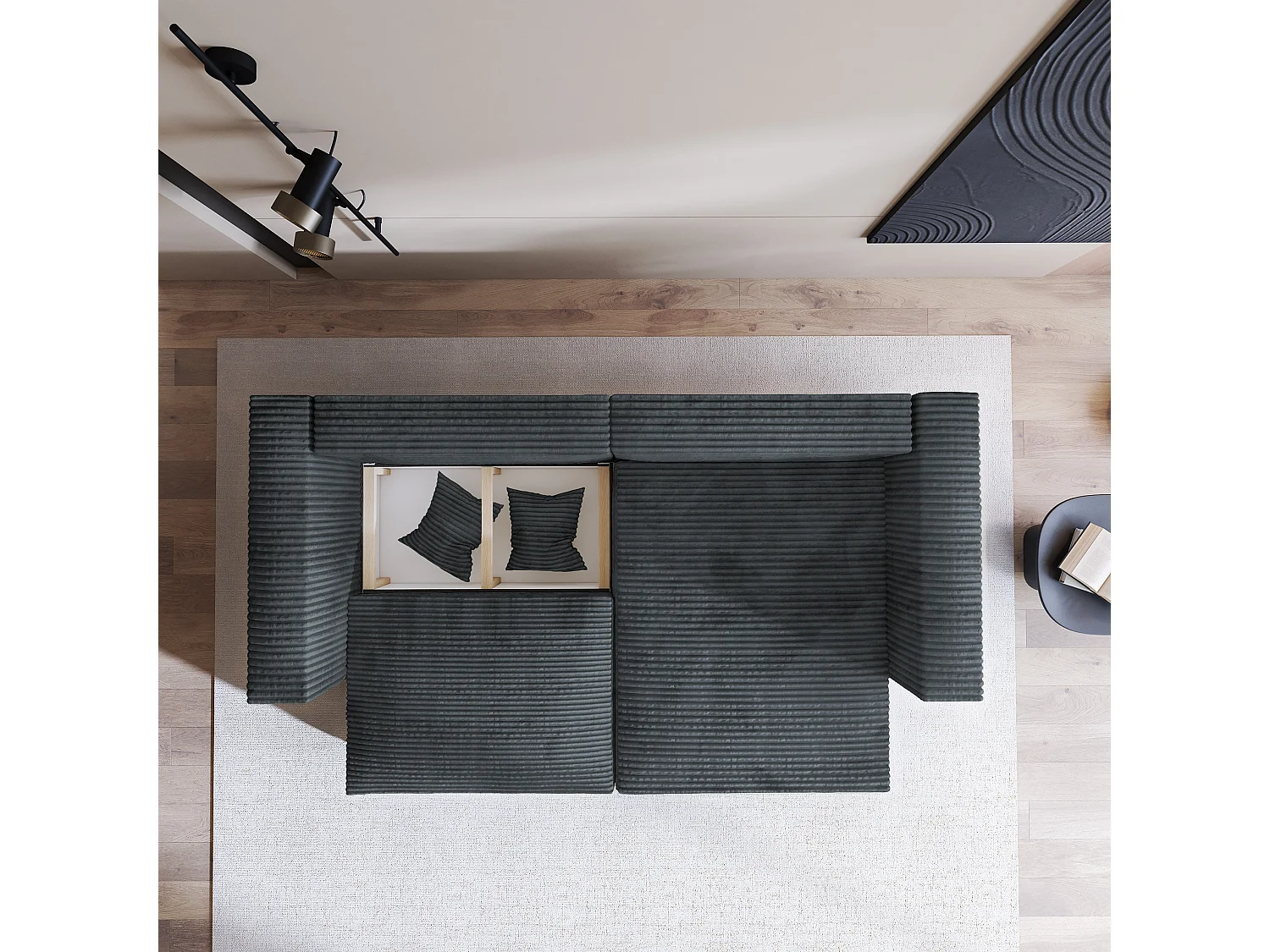 Canapé d'angle NERIO Gris en velours côtelé avec fonction de couchage