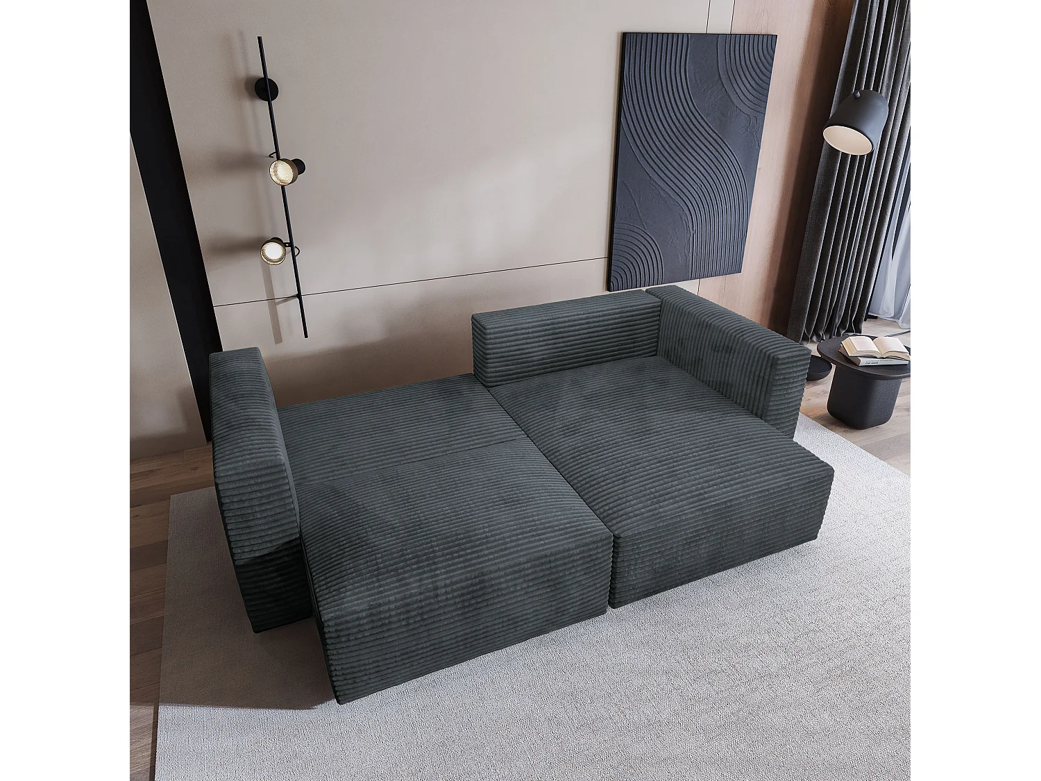Canapé d'angle NERIO Gris en velours côtelé avec fonction de couchage