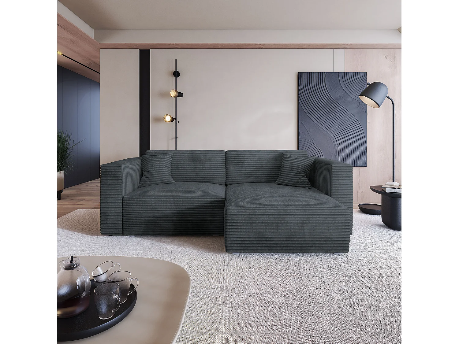 Canapé d'angle NERIO Gris en velours côtelé avec fonction de couchage