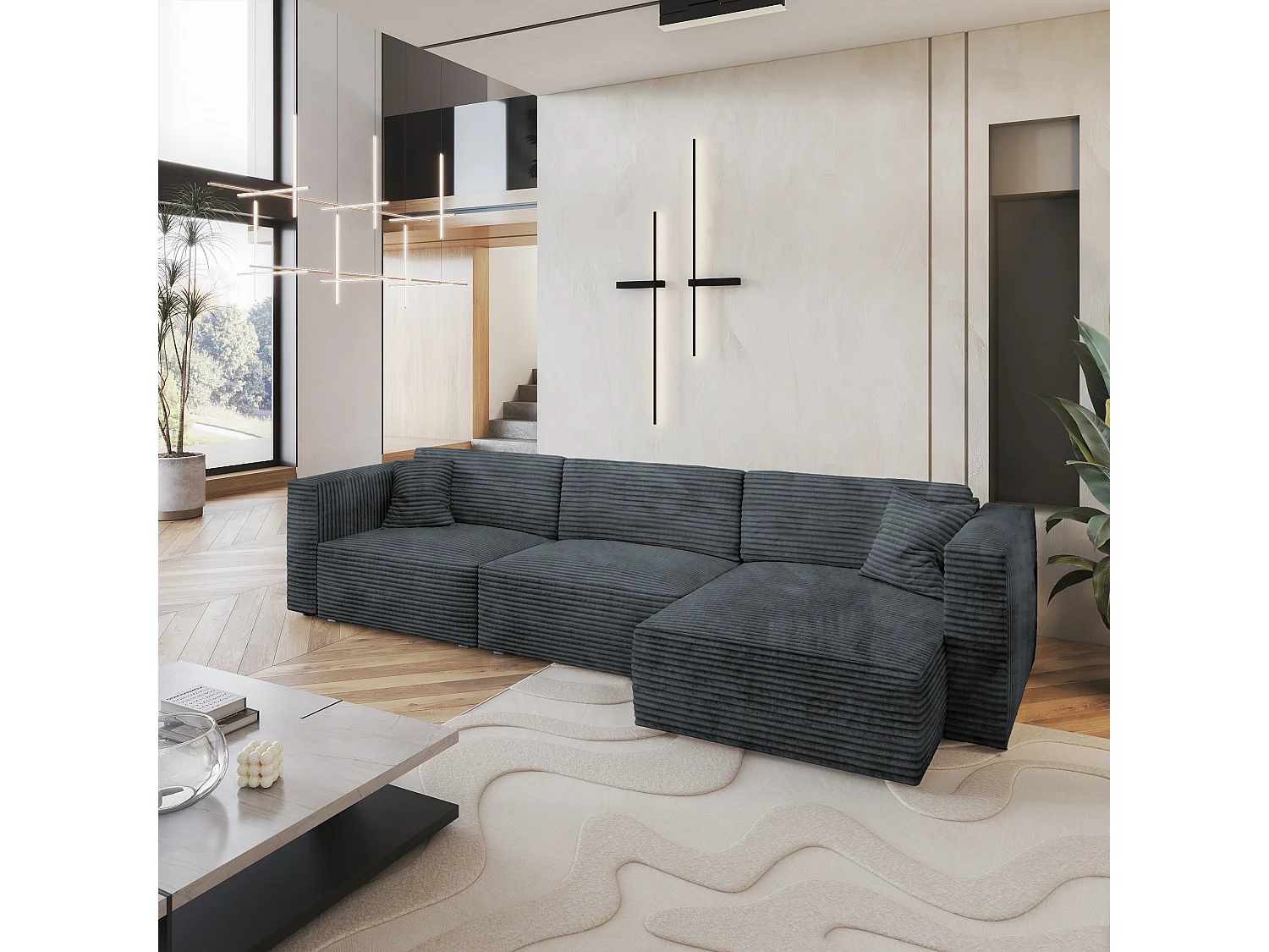 Canapé d'angle TOLMO Gris en velours côtelé avec fonction de couchage