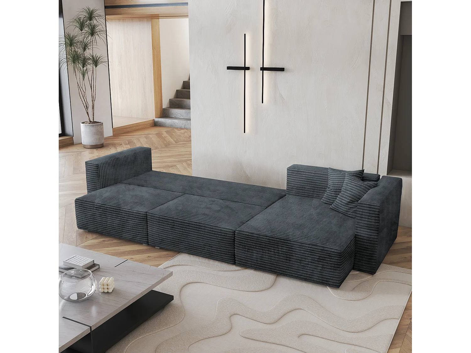 Canapé d'angle TOLMO Gris en velours côtelé avec fonction de couchage