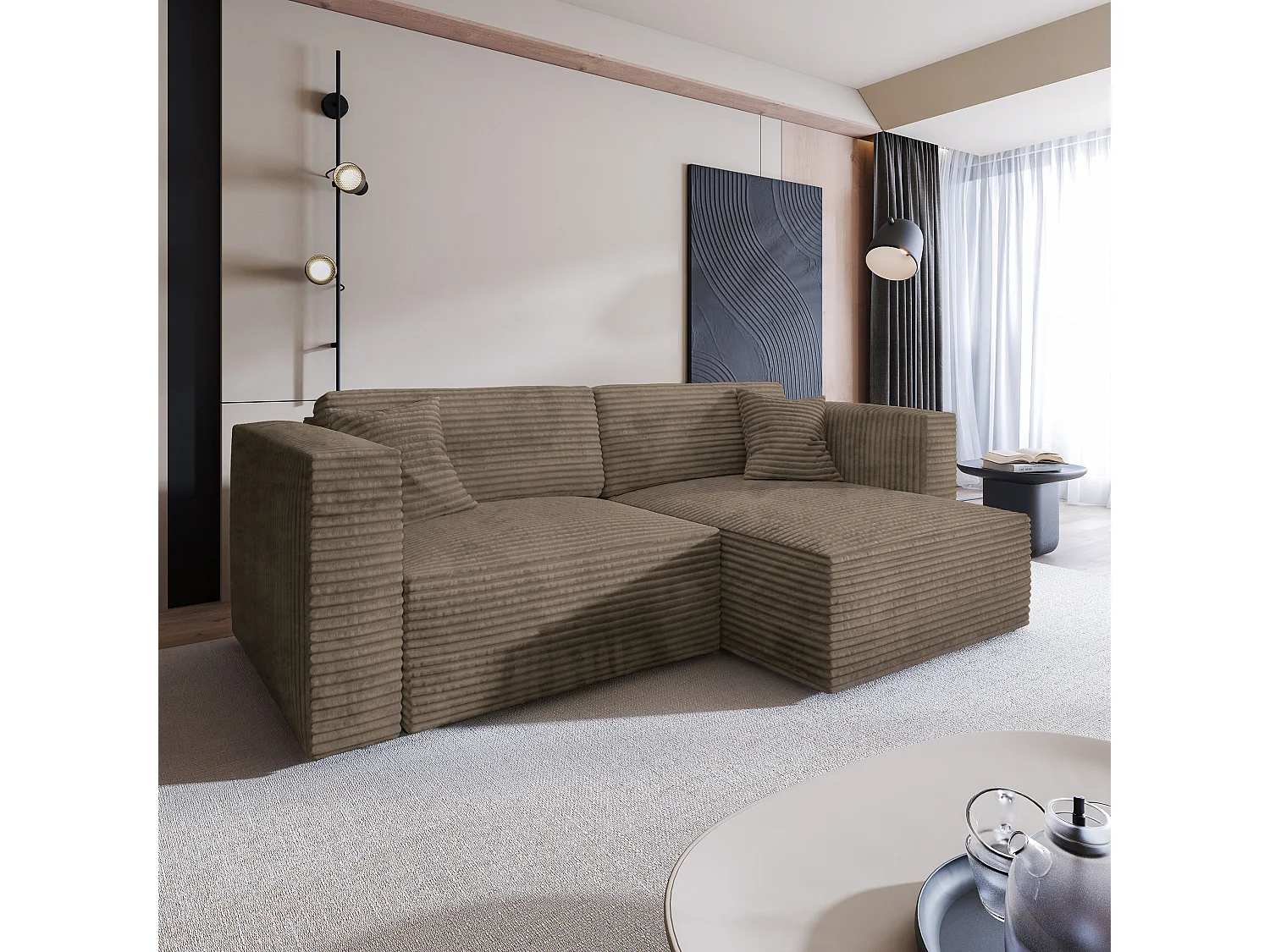 Canapé d'angle NERIO Beige en velours côtelé avec fonction de couchage