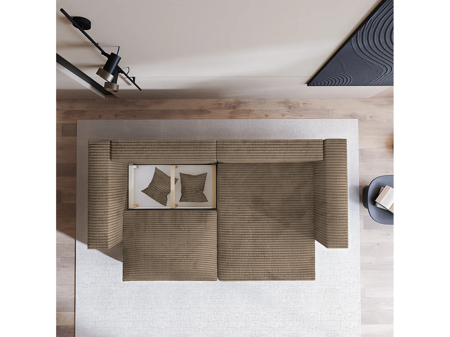 Canapé d'angle NERIO Beige en velours côtelé avec fonction de couchage
