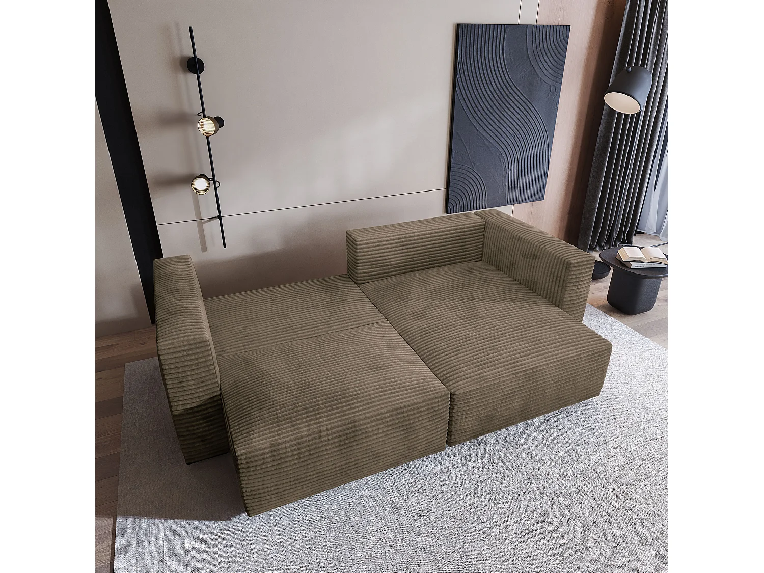 Canapé d'angle NERIO Beige en velours côtelé avec fonction de couchage
