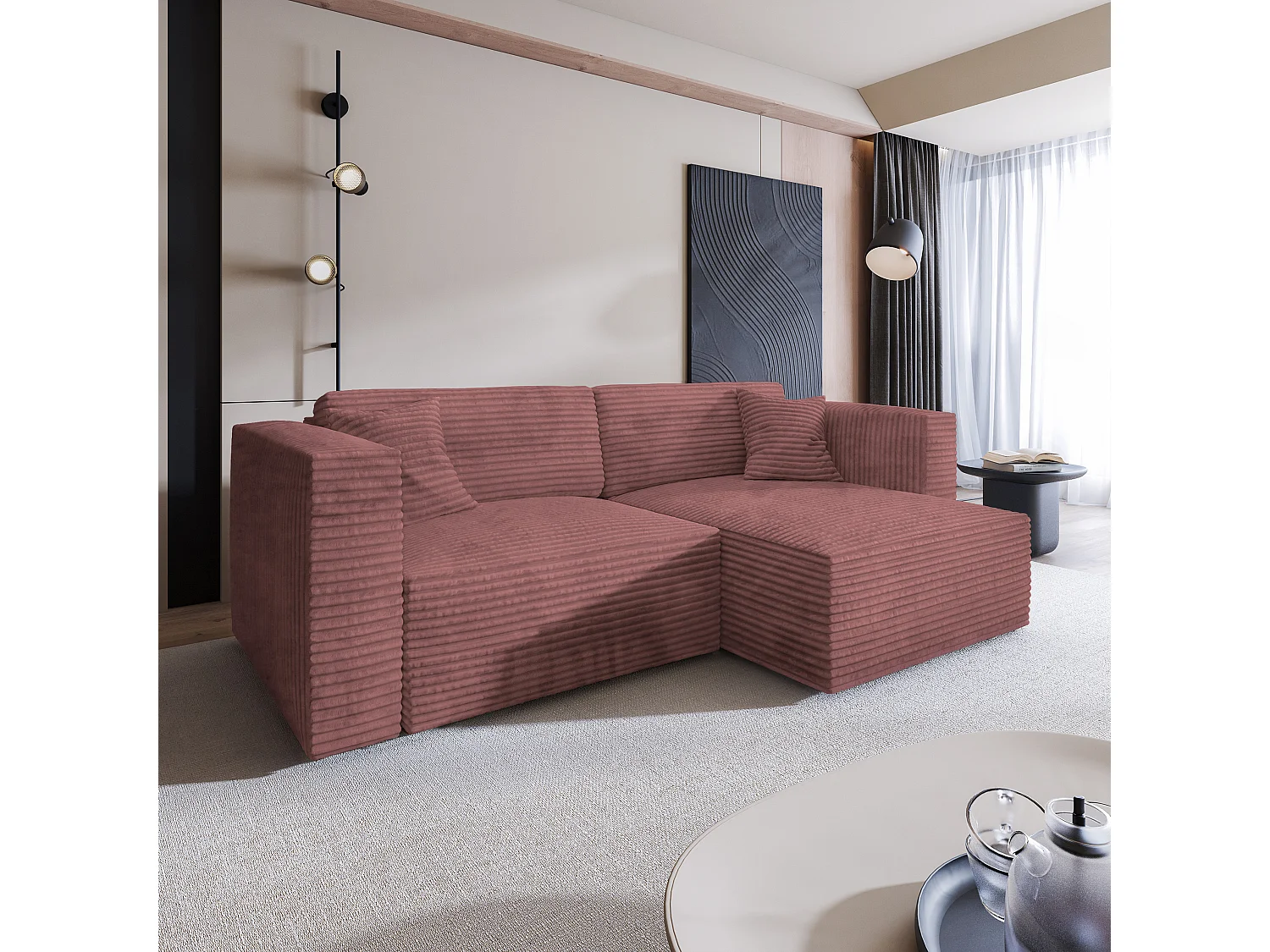 Canapé d'angle NERIO Rose en velours côtelé avec fonction de couchage