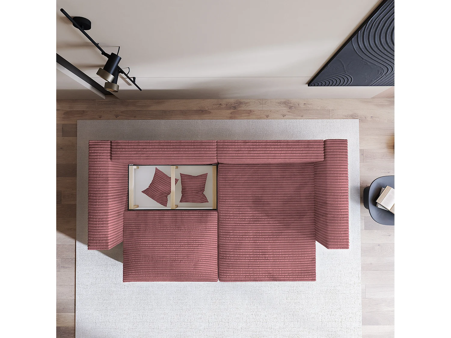 Canapé d'angle NERIO Rose en velours côtelé avec fonction de couchage