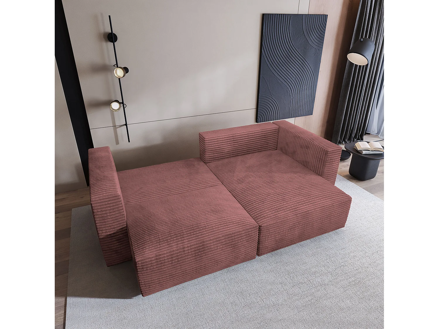 Canapé d'angle NERIO Rose en velours côtelé avec fonction de couchage