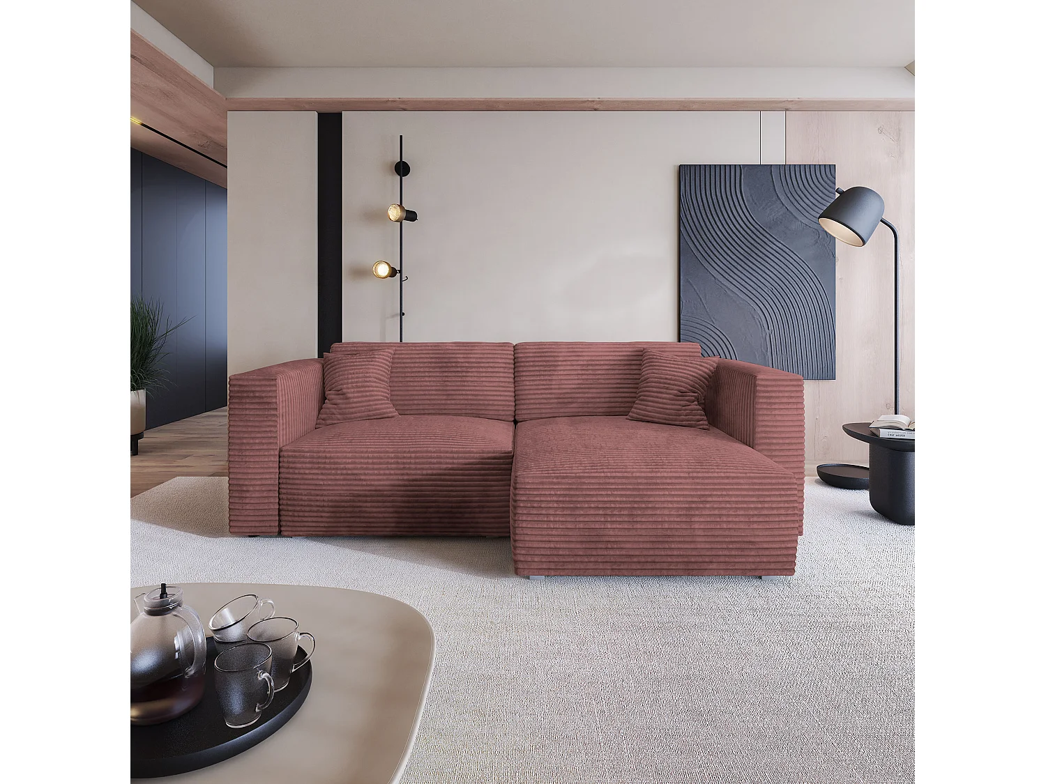 Canapé d'angle NERIO Rose en velours côtelé avec fonction de couchage
