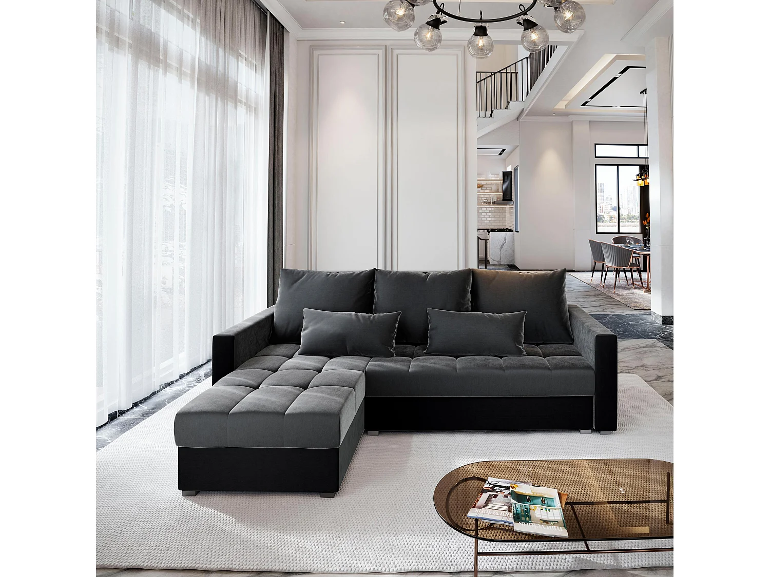 Canapé d'angle KOS PIK Gris en peluche avec fonction de couchage