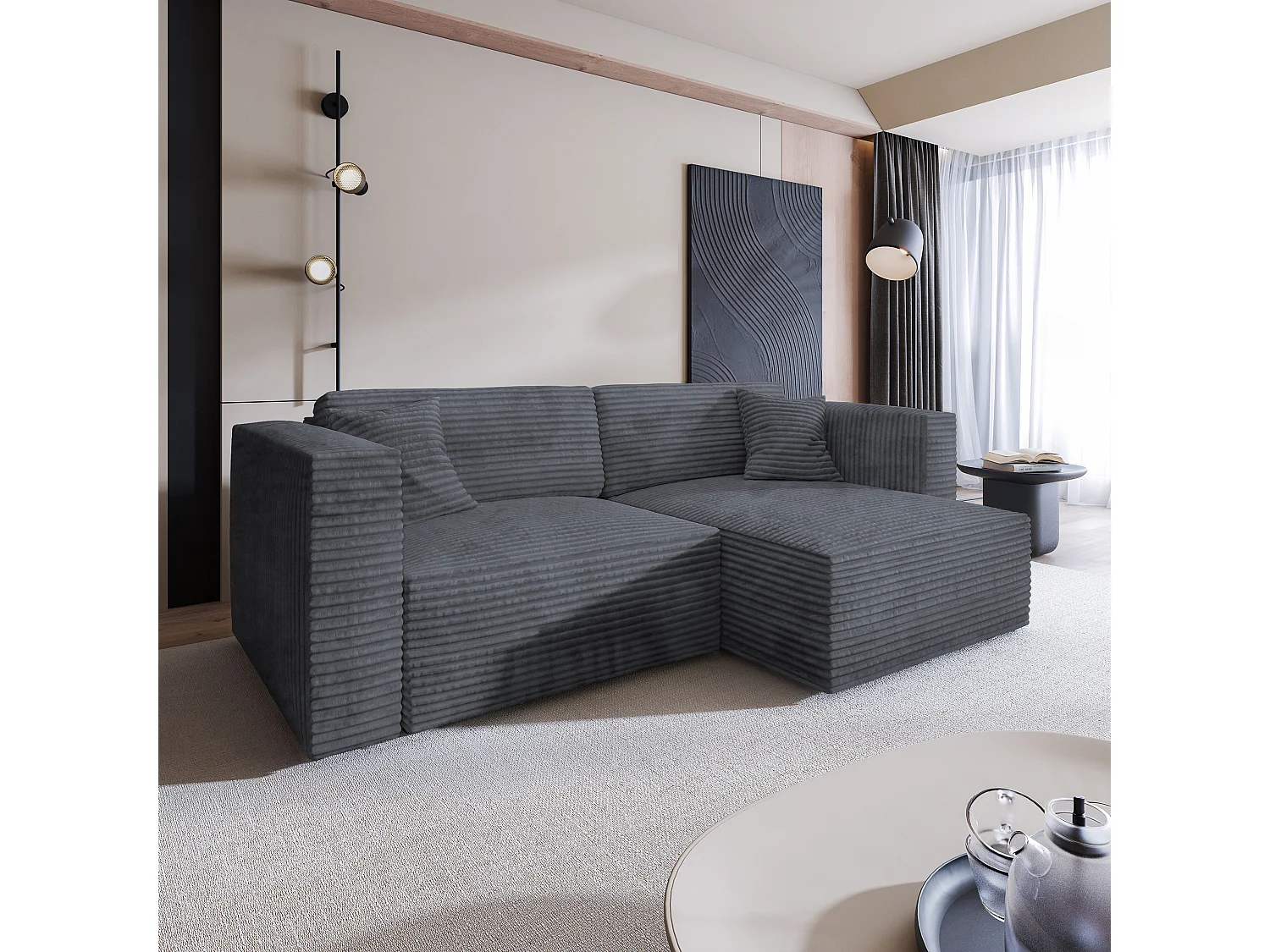 Canapé d'angle NERIO Gris en velours côtelé avec fonction de couchage